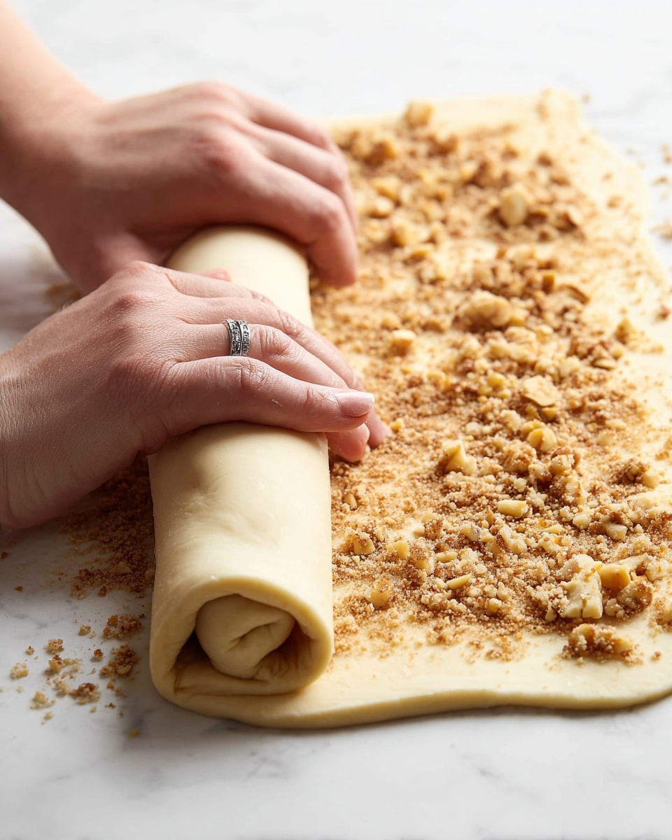 A close-up view of a partially rolled dough on a white marbled surface, with two layers visible: the base dough layer is light beige and smooth, covered by a topping layer made of crushed nuts and brown sugar scattered evenly across the dough. Two light-skinned women's hands, one wearing a silver ornate ring, are gently rolling the dough from the right side toward the left, showing the rolled-up dough's smooth, creamy beige outer surface. The scene is bright and clean with a focus on the hands and dough. Photo taken with an iphone --ar 4:5 --v 7