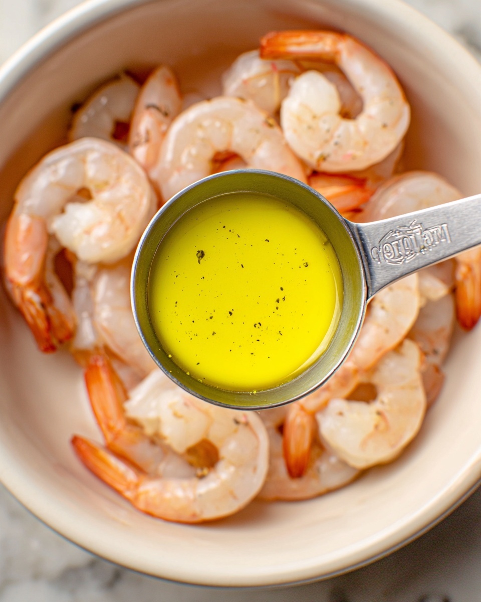 A close-up image shows a silver measuring spoon filled with bright yellow oil, held above a white bowl containing several pink shrimp with curled tails and a smooth texture. The bowl sits on a white marbled surface, and the shrimp form a loose, uneven layer at the bottom. The measuring spoon is centered, with the oil reflecting light and showing small dark specks. The shrimp's shells are shiny and slightly translucent. photo taken with an iphone --ar 4:5 --v 7