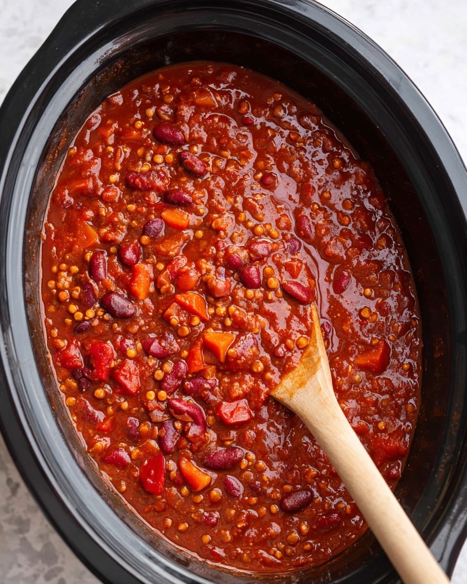 A black slow cooker filled with a thick red chili stew that has multiple layers of texture and color. The base is a rich tomato sauce with visible chunks of soft vegetables in deep red and orange shades. Scattered throughout are small round orange lentils and kidney beans in a dark red-brown tone. A wooden spoon with a smooth light brown handle rests inside on the right side, partially dipped into the chili. The background is a white marbled texture photo taken with an iphone --ar 4:5 --v 7