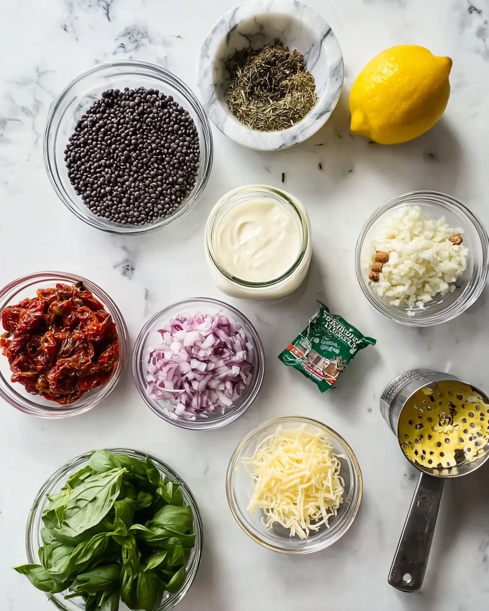 A top view of several small glass bowls and containers arranged on a white marbled surface, filled with different cooking ingredients. From the top to bottom and left to right, there is a clear glass bowl with black lentils, a white marble bowl with three types of dried herbs and spices, a glass jar of a creamy white sauce, a white lemon in the center, a glass bowl with finely chopped red onions, a glass bowl with light yellow chopped garlic, a small green cube package, a glass bowl with sun-dried tomatoes, a glass bowl filled with fresh green basil leaves, and a metal measuring cup with a yellow-green handle filled with grated cheese. Photo taken with an iphone --ar 4:5 --v 7