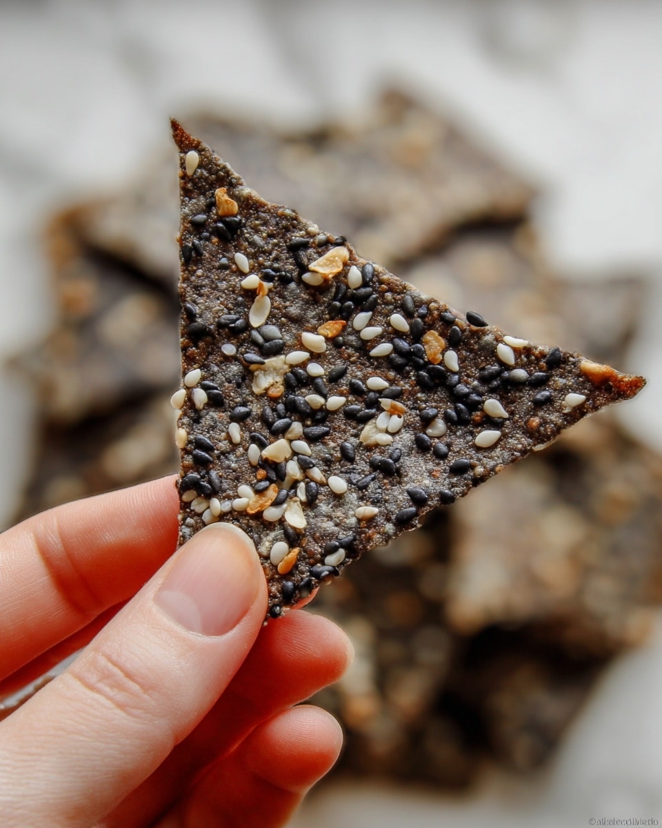 A close-up view of a single triangular dark brown cracker covered with scattered black and white sesame seeds and small crunchy bits, held by a woman's hand with light skin tone and short nails, with a blurred pile of similar crackers in the background resting on a white marbled surface photo taken with an iphone --ar 4:5 --v 7