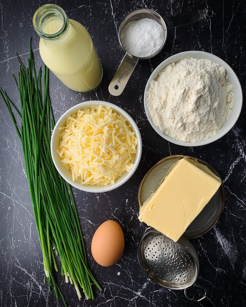 The image shows an overhead view of different ingredients placed on a dark surface with a white marbled texture in the background. There is a glass bottle of light yellow liquid on the top left, next to a small metal measuring spoon with white powder. Below that is a white bowl filled with shredded pale yellow cheese. To the right of the cheese is a brown egg and a bunch of long green chives laying flat. Above the egg is a white bowl filled with white flour, and next to it on the right is a small metal strainer holding a rectangular block of melted butter that is yellow in color. photo taken with an iphone --ar 4:5 --v 7