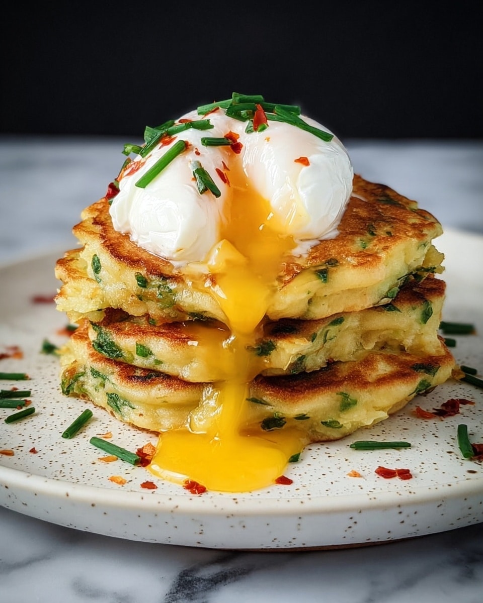 This image shows a stack of three thick, golden-brown pancakes with green herbs mixed inside, placed on a white plate with small black specks. On top of the pancakes is a white poached egg with soft, slightly runny whites and bright yellow yolk spilling down the sides. The dish is garnished with small green chives and tiny red chili flakes. The plate rests on a white marbled surface with a dark background. photo taken with an iphone --ar 4:5 --v 7