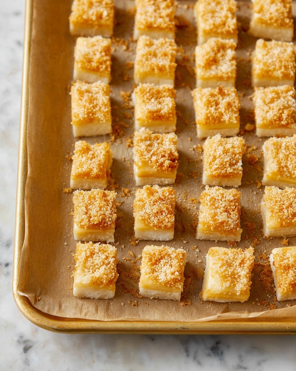 The image shows small square bites arranged neatly in rows on a baking tray lined with brown parchment paper. Each bite has two layers: a fluffy, light golden-brown pastry base topped with a crumbly golden crust that looks crispy and slightly textured. The bites vary slightly in shape but are mostly uniform in size. The baking tray has a light gold color, and the background surface is a white marbled texture. Photo taken with an iphone --ar 4:5 --v 7