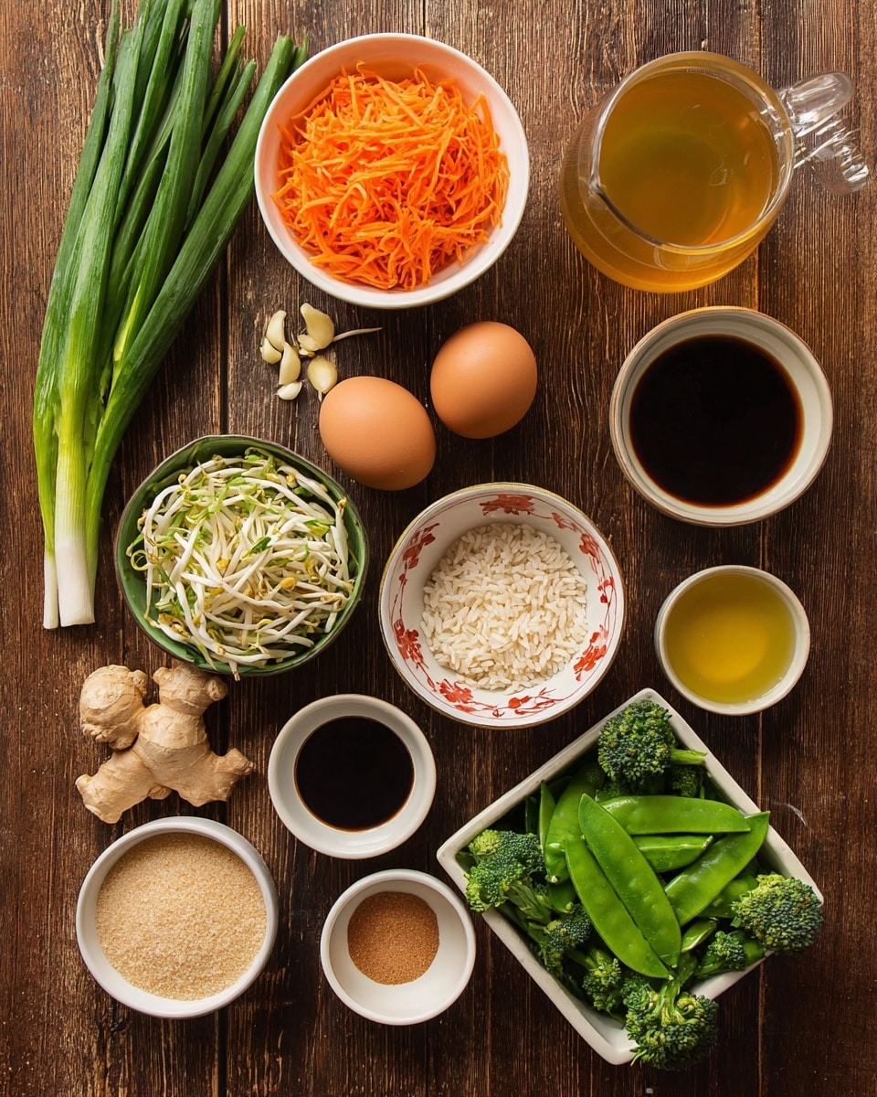 A top-view image shows a neat arrangement of cooking ingredients on a brown wood textured surface, with green onions and ginger root placed at the top left corner. Below the green onions are small white bowls filled with bean sprouts and shredded orange carrots. Two brown eggs rest in a small white bowl with a red and gold decorative pattern. A small beige bowl holds peeled garlic cloves. To the right, a small white rectangular dish is filled with fresh green snow peas. A metal cup contains uncooked white rice grains. Below the rice cup is a larger green vegetable cluster, possibly broccolini or tenderstem broccoli. There is a white bowl filled with light brown sugar and three small beige and white bowls contain dark soy sauce, a reddish sauce, and light yellow liquid, respectively. At the top right corner, a clear glass measuring cup holds golden broth. The overall image is bright and colorful with a focus on fresh ingredients, photo taken with an iphone --ar 4:5 --v 7