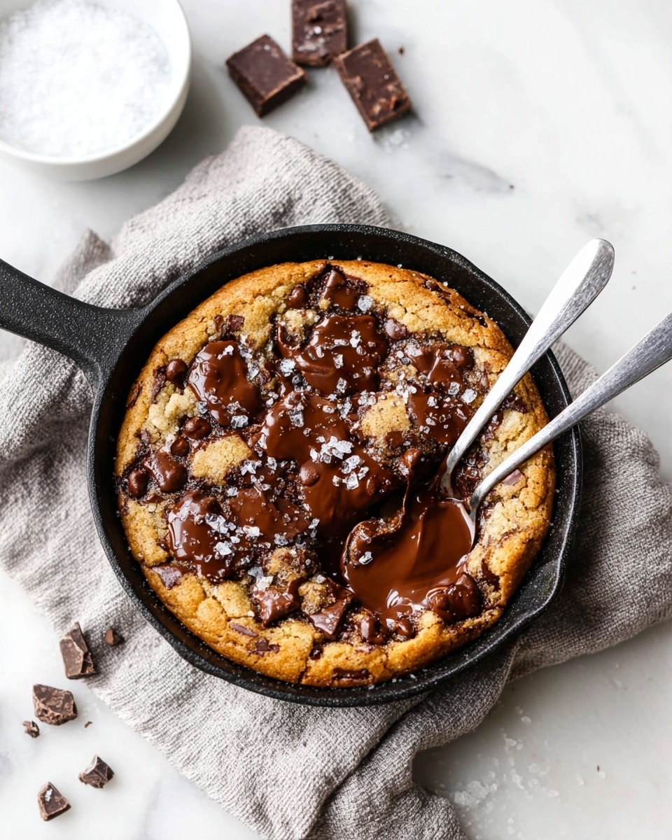 A warm golden-brown cookie with uneven edges sits in a black cast iron pan, topped with large, melted dark chocolate chunks spread across the surface, with some pieces showing a shiny, smooth texture and a few scattered flakes of white sea salt. The pan rests on a light gray textured cloth on a white marbled surface. Near the pan, there are small broken pieces of dark chocolate on the white marble. Two silver spoons lie side by side on the right, reflecting light softly. In the background, there is a white bowl filled with coarse salt and a pale pink rose petal visible on the edge. Photo taken with an iphone --ar 4:5 --v 7