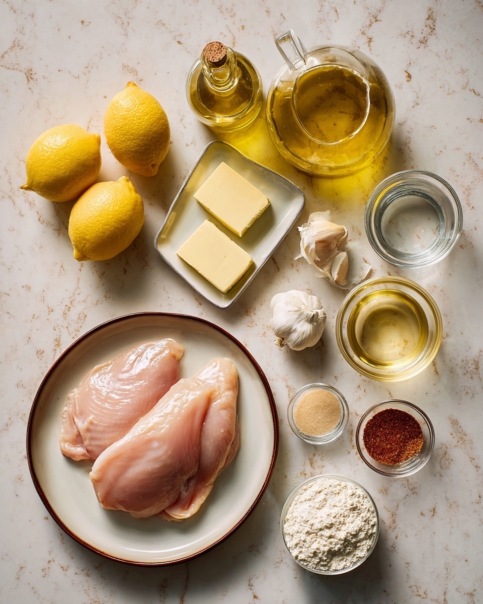 The image shows raw chicken on a white plate with a thin brown edge, placed in the lower right corner. Around the plate are ingredients arranged neatly on a white marbled surface: two whole lemons with bright yellow skin, a clear glass bottle filled with golden oil, a small rectangular dish holding three pats of pale yellow butter, a glass cup with white cream, a whole garlic bulb, a clear glass bowl with water, another glass bowl with light brown liquid, and two small bowls containing spices—one with a reddish powder and the other with a light beige powder. A glass bowl filled with white flour is positioned at the lower left. The overall look is clean and bright with a natural light photo taken with an iphone --ar 4:5 --v 7