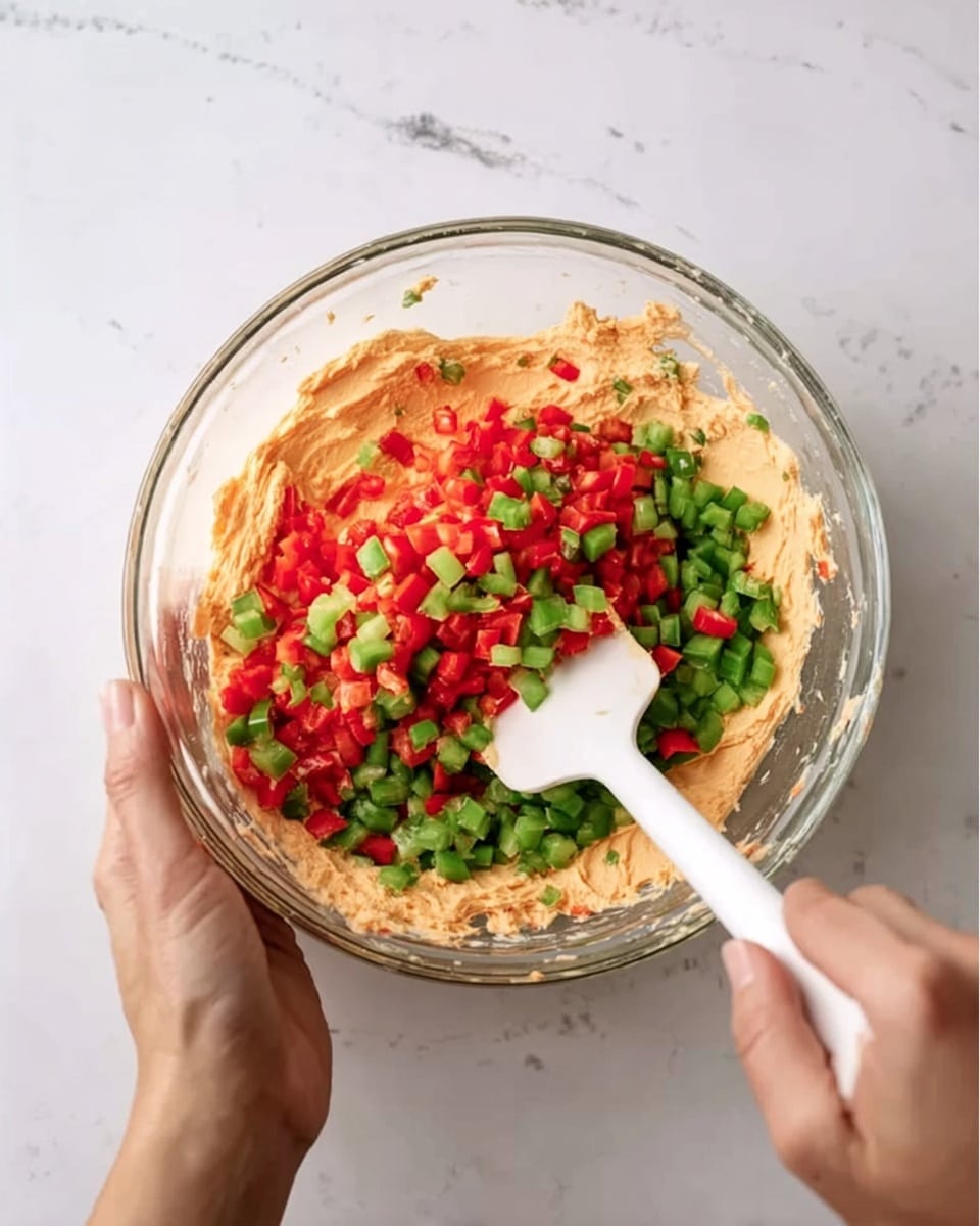 A clear glass bowl filled with three main layers of ingredients: a bottom layer of creamy light orange spread, a middle layer of small bright red diced pieces, and a top layer of small green diced pieces. A woman's hand is holding the bowl from the bottom right, while the other woman's hand uses a white spatula to gently mix the ingredients. The bowl sits on a white marbled surface. photo taken with an iphone --ar 4:5 --v 7