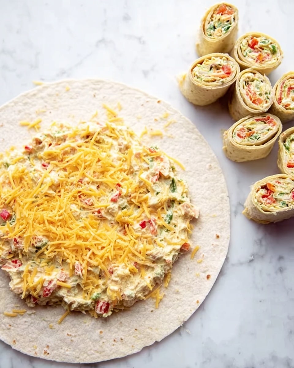 The image shows a white tortilla laid flat on a white marbled surface. On top of the tortilla, there is a thick layer of a creamy spread mixed with small pieces of red and green vegetables, giving it a colorful texture. Over the spread lies a layer of shredded yellow cheese scattered unevenly. In the top right corner, several small tortilla roll-up slices reveal similar colorful fillings inside, arranged in a neat group. The scene is bright with even lighting, drawing attention to the fresh ingredients. Photo taken with an iphone --ar 4:5 --v 7