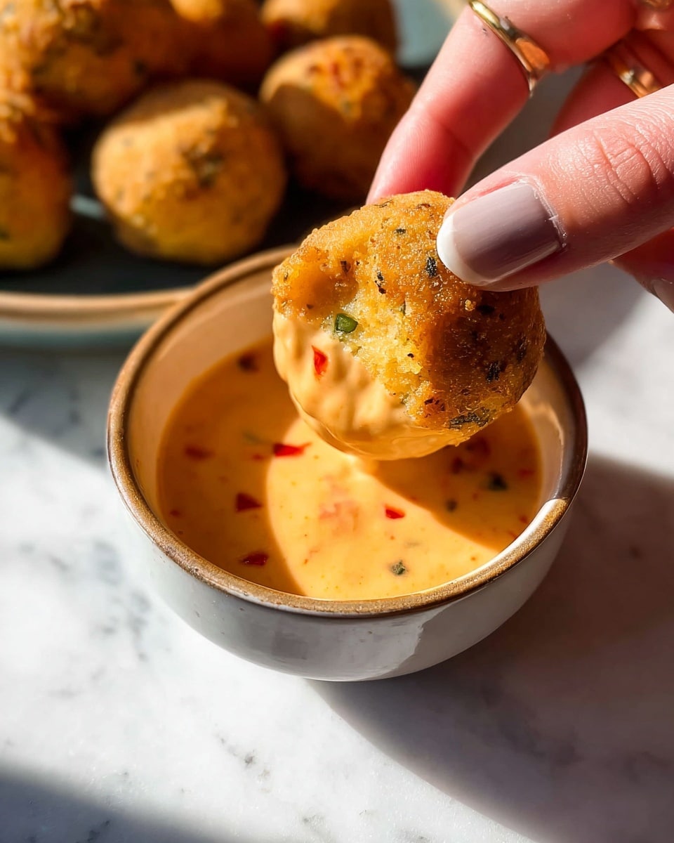 A close-up image shows a golden-brown round ball dipped halfway into a smooth, creamy orange sauce inside a small white bowl. The ball has a rough, slightly crumbly texture with small herbs visible inside, and the sauce has red specks scattered throughout. The bowl sits on a white marbled surface with sunlight casting soft shadows. A woman's hand gently holds the ball by the edges, dipping it into the sauce. In the background, there is a blurred view of more of these golden round balls served on a plate. photo taken with an iphone --ar 4:5 --v 7