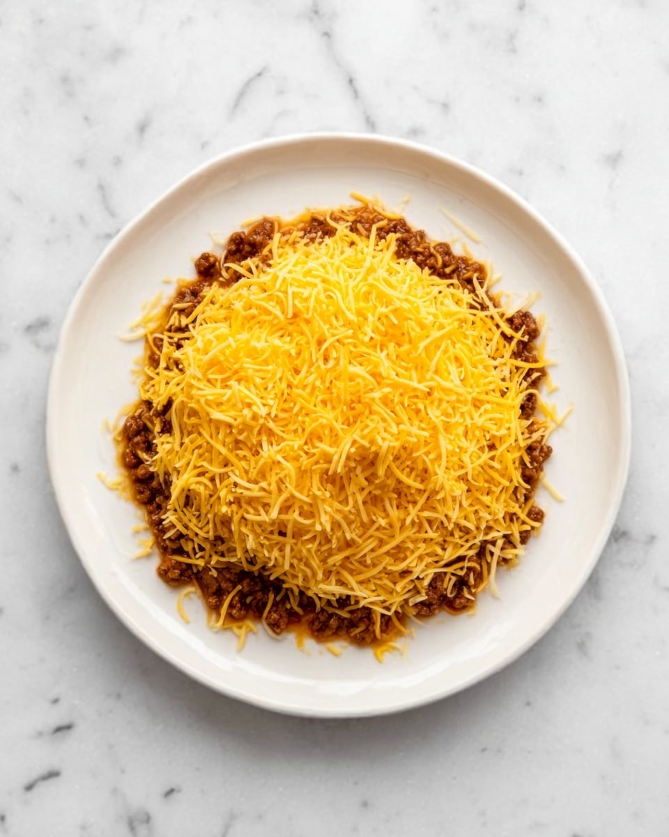 A white plate sits on a white marbled surface, with a single layer of cooked ground meat mixed with a dark sauce spread evenly on the plate. On top of this, there is a thick, even layer of bright yellow shredded cheese, covering the meat completely. The cheese has a fine, soft texture and contrasts sharply with the darker meat below. photo taken with an iphone --ar 4:5 --v 7