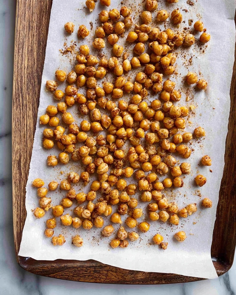 The image shows a single layer of roasted chickpeas scattered unevenly on a baking tray lined with white parchment paper; the chickpeas have a golden brown color with some darker toasted spots and visible seasoning specks evenly spread across them; the baking tray sits on a white marbled surface with a wooden edge visible along the left side, giving a warm rustic feel. photo taken with an iphone --ar 4:5 --v 7
