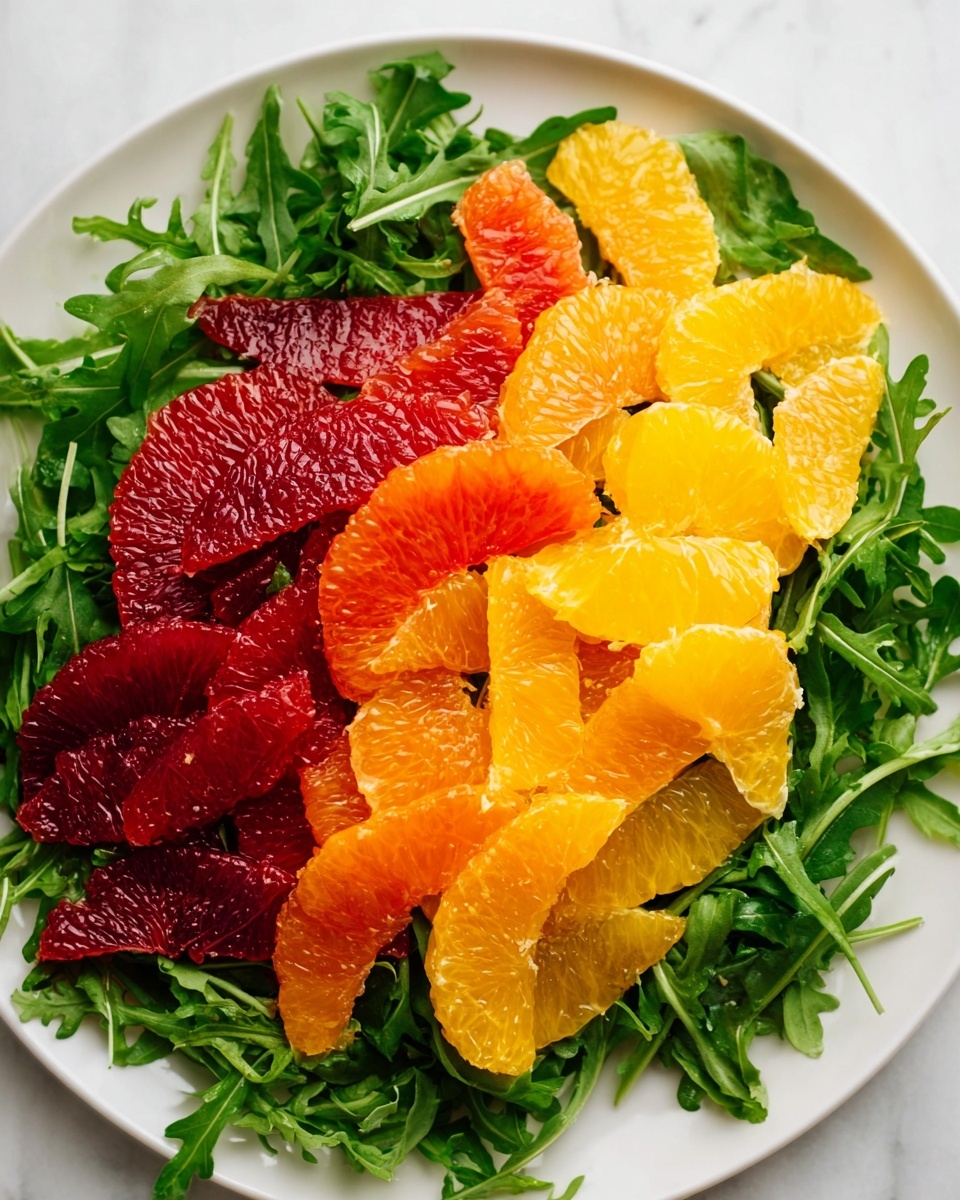 A white plate holds a bed of bright green arugula leaves with three layers of citrus fruit segments placed on top. The bottom layer has deep red blood orange slices with a shiny, textured surface. Above it, there are bright orange slices with a glossy look. The top layer shows vibrant yellow orange segments, also shiny and juicy. All the colors contrast well against the fresh green arugula and the white marbled background. photo taken with an iphone --ar 4:5 --v 7