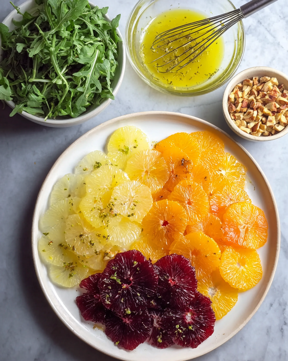 A white plate holds three types of finely sliced citrus fruits, arranged in sections: pale yellow slices on the left, bright orange slices in the middle, and dark red-purple slices on the right, each layer showing a juicy, slightly translucent texture. Above the plate, there is a glass bowl with a yellow dressing and a whisk inside it, reflecting light. To the top left, a small white bowl is filled with fresh green leafy arugula, some leaves spread loosely around it. In the upper right corner, a small white bowl contains chopped nuts. The entire scene rests on a smooth white marbled surface. Photo taken with an iphone --ar 4:5 --v 7