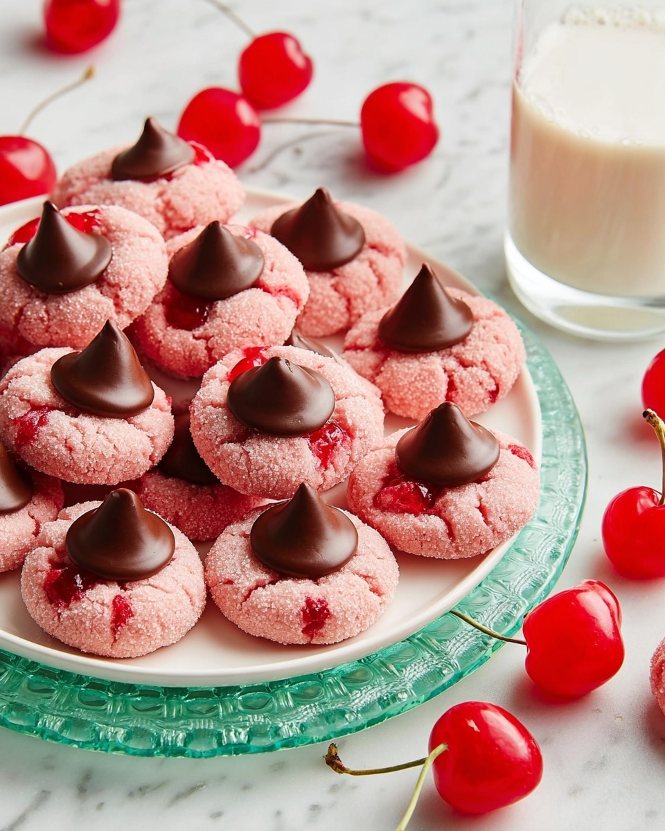 The image shows about fifteen pink, round cookies with a rough sugar-coated texture, each topped with a smooth, dark brown chocolate drop in the center. The cookies contain small pieces of red cherries mixed into the dough, making the surface uneven with tiny cracks. Most cookies are arranged close together on a white plate with a green-tinted, textured glass design, while four cookies are placed directly on a white marbled surface nearby. Bright red cherries with stems are scattered around the plate and surface, adding pops of color. In the background, there is a clear glass filled with milk on the white marbled texture. The photo captures this sweet scene with soft natural light, in a close-up view, photo taken with an iphone --ar 4:5 --v 7