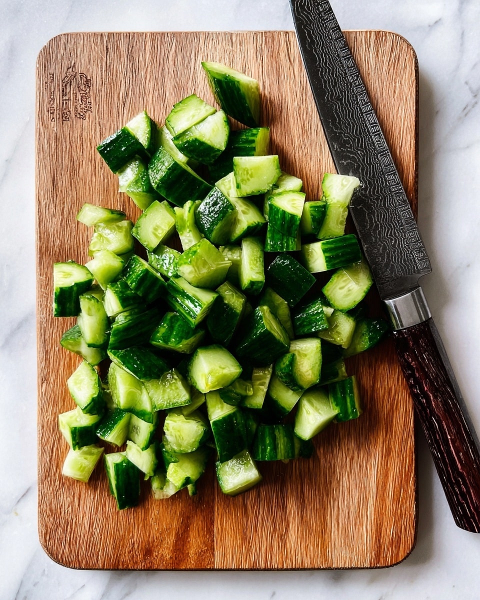 The image shows a wooden cutting board filled with many small green cucumber pieces, each cut into chunky half-moon shapes with dark green skin and pale green insides. The cucumber pieces are piled mostly in the center and left side of the board. On the right side of the board lies a sharp, dark knife with a textured wooden handle. The cutting board sits on a white marbled surface. Photo taken with an iphone --ar 4:5 --v 7