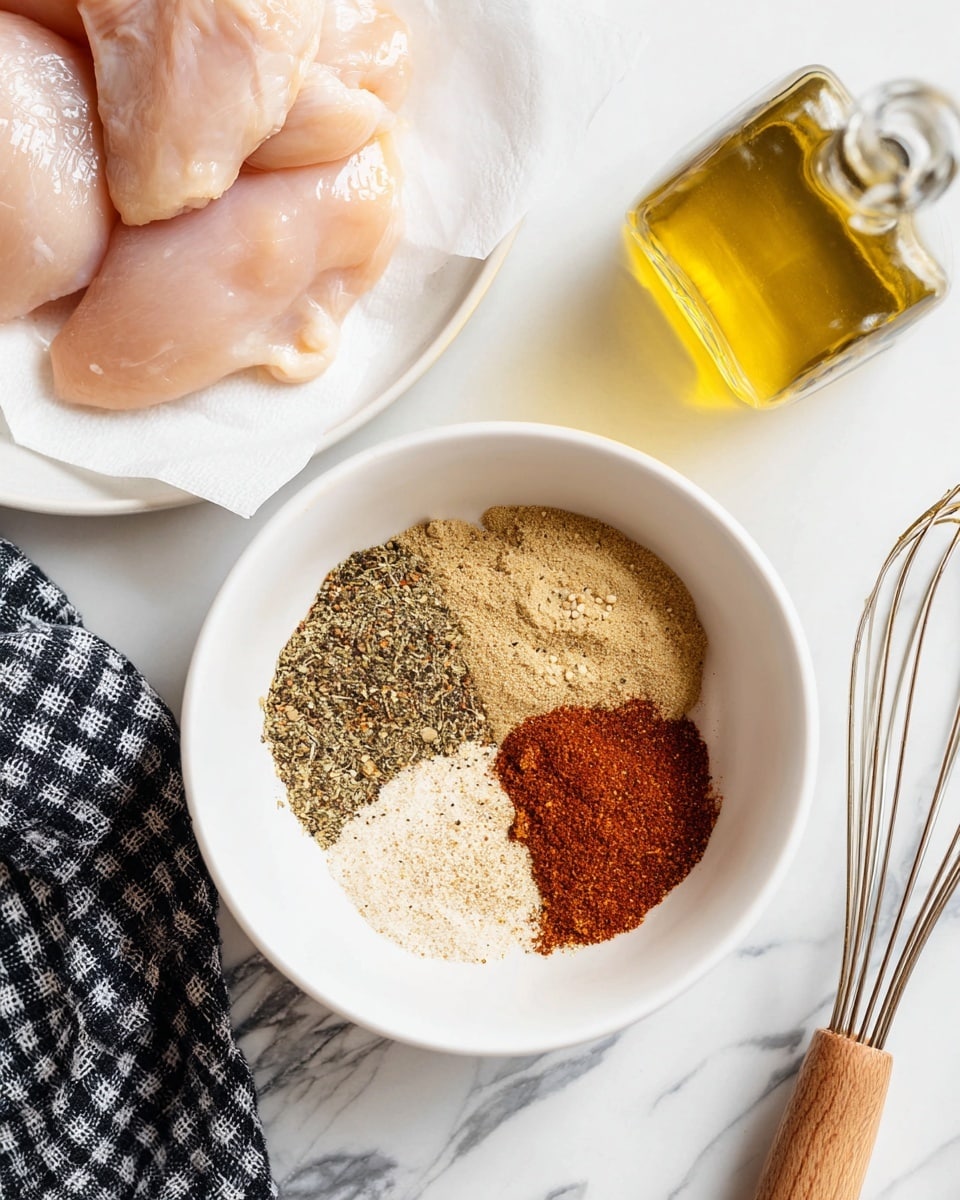 A white bowl sits on a white marbled surface filled with four different spices arranged in sections, including a light beige powder, a reddish-brown powder in the center, a mix of black, white, and green specks, and another light beige powder layer. To the left, raw light pink chicken pieces rest on white paper on a white plate, while above the bowl there is a square glass bottle of golden olive oil without a cap. A black and white checkered cloth is at the bottom left edge, and a whisk with a wooden handle is positioned at the right side, all placed on a white marbled countertop. photo taken with an iphone --ar 4:5 --v 7