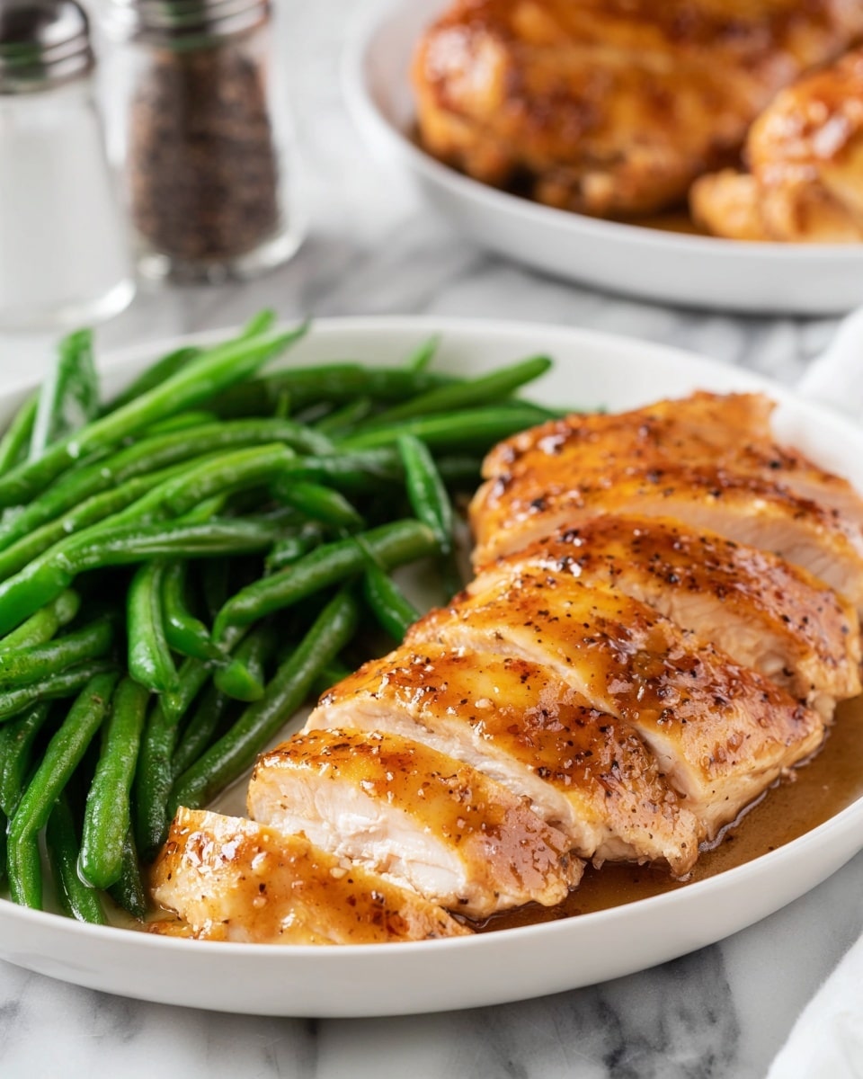 A white plate holds two main parts: on the left, a pile of bright green cooked green beans with a fresh and slightly glossy texture, and on the right, slices of golden-brown chicken covered in a shiny, lightly seasoned sauce, arranged neatly in a row with the larger piece at the bottom right and smaller slices fanned out towards the bottom left. In the background, slightly blurred, another white plate shows more of the same golden chicken. The scene is set on a white marbled surface with salt and pepper shakers slightly visible in the upper left corner. Photo taken with an iphone --ar 4:5 --v 7