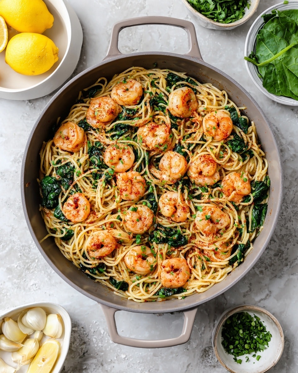 A gray pan filled with cooked spaghetti pasta as the base layer, mixed with sautéed spinach leaves that add dark green patches throughout, and topped with pinkish-orange cooked shrimp scattered evenly on top. The shrimp have a slight reddish seasoning and are curled in shape, with small green herb pieces sprinkled over the dish. The pan has light gray handles and sits on a white marbled textured surface. Around the pan are white bowls containing fresh spinach leaves, lemon wedges, garlic cloves, and chopped herbs photo taken with an iphone --ar 4:5 --v 7