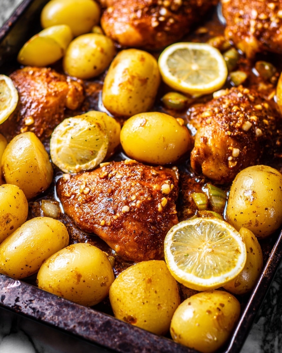 The image shows a close-up of a cooked dish on a dark tray with two main layers: several pieces of cooked chicken thighs covered in a shiny, textured sauce with tiny bits of garlic and seasoning spread over them, and a layer of whole and halved small potatoes that have a smooth yellow skin and soft yellow inside, seasoned with pepper. There are also two lemon wedges placed on top of the chicken and potatoes, adding a bright yellow color. The background and surface under the tray is a white marbled texture. Photo taken with an iphone --ar 4:5 --v 7