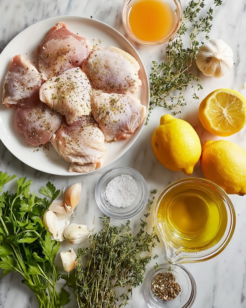 A white plate holds several raw chicken thighs, sprinkled with coarse black pepper; the plate is positioned to the left on a white marbled surface. Around the plate are three whole yellow lemons, one lemon sliced to show its juicy inside, placed to the top right. Nearby, there’s a bunch of fresh green herbs including thyme, rosemary, and parsley next to a peeled shallot and several garlic cloves with some garlic skin. Two small glass bowls sit near the top, one filled with salt and the other with cracked pepper, while a glass measuring cup filled with light orange liquid is positioned to the top right. Near the bottom, a small glass container holds golden olive oil. Photo taken with an iphone --ar 4:5 --v 7