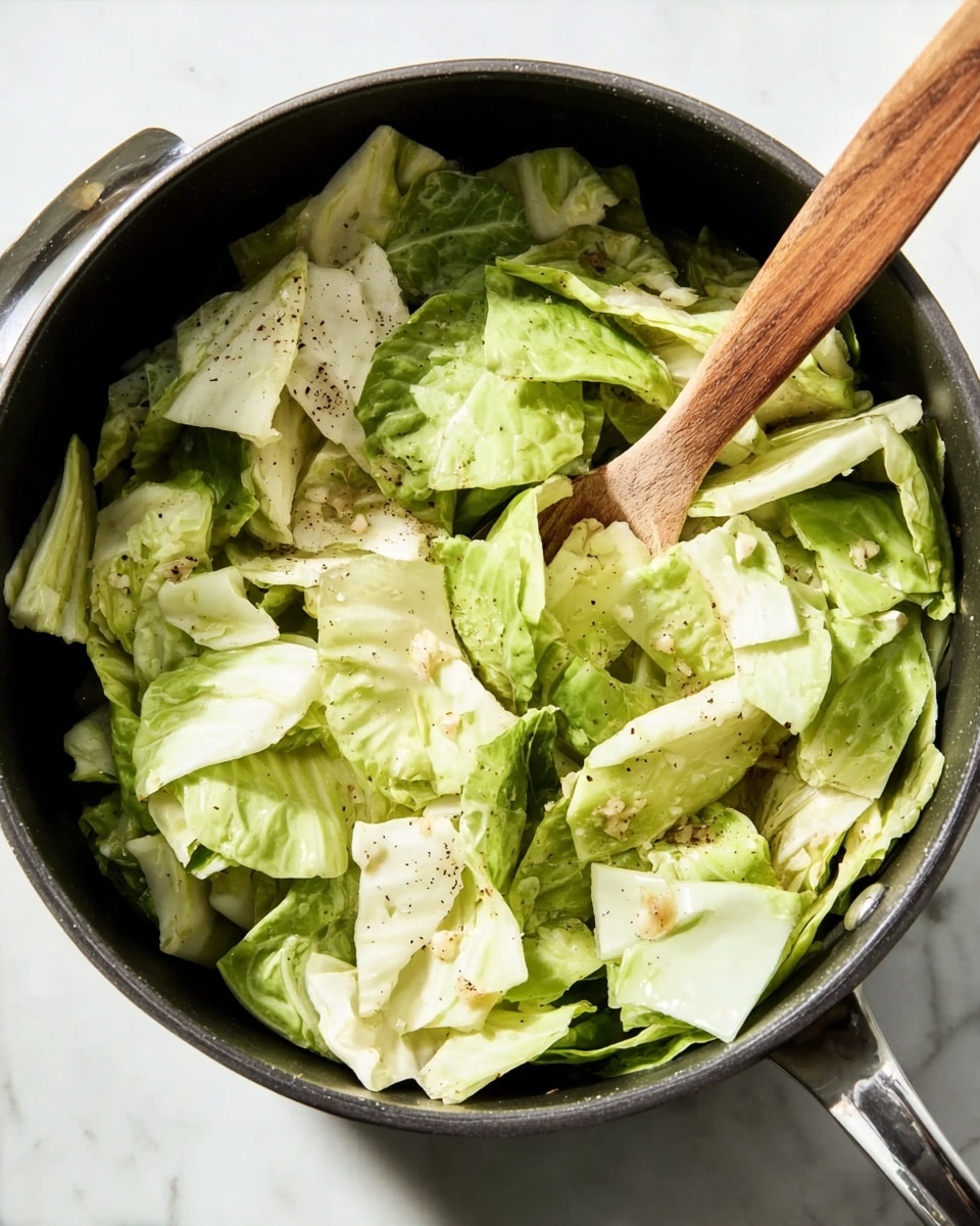 A black pot filled with roughly chopped pale green cabbage leaves layered unevenly, some leaves showing light green veins and water droplets. Scattered small bits of garlic and black pepper specks add texture across the cabbage. A wooden spoon with a light brown handle rests inside the pot, partly covered by cabbage, with the spoon's surface showing a subtle grain pattern. The pot sits on a white marbled surface under bright natural light, creating soft shadows around it. Photo taken with an iphone --ar 4:5 --v 7