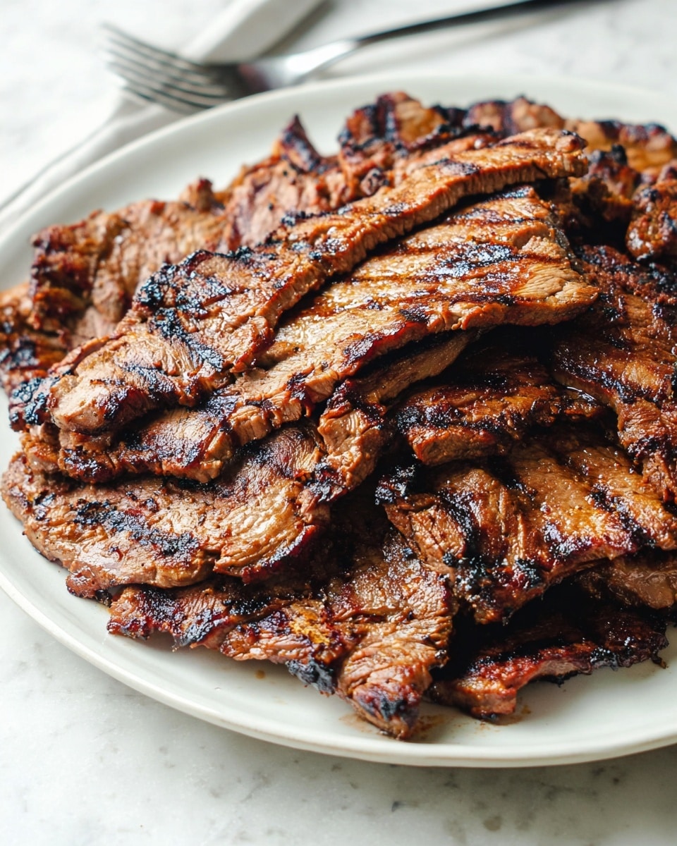 A close-up view of many grilled meat slices stacked on a round white plate. The meat has a rich brown color with dark char marks and a shiny, slightly oily surface, showing a mix of crispy edges and tender textures. The layers of meat overlap unevenly, forming a thick pile that fills most of the plate. In the background, the setting is a white marbled texture, and a fork is partly visible near the top edge of the plate. Photo taken with an iphone --ar 4:5 --v 7