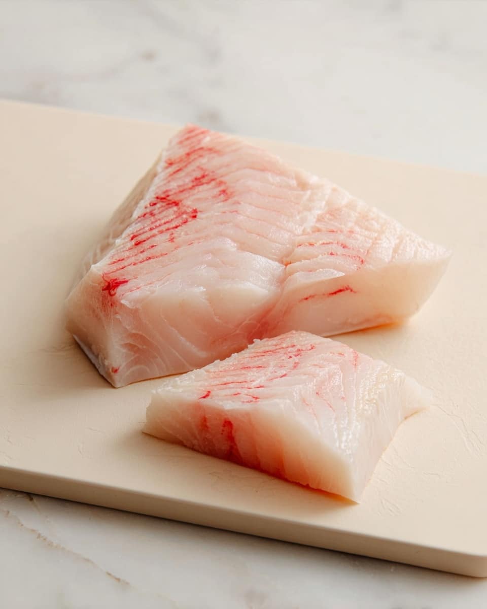 A close-up of two raw fish fillets placed on a light beige cutting board, showing soft pink and white layers with fine textures and slight red streaks near the edges, highlighting the fresh and dense look of the fish flesh, all set against a white marbled surface in the background photo taken with an iphone --ar 4:5 --v 7
