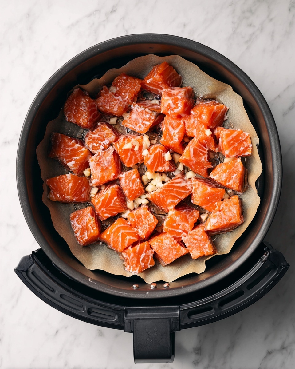The image shows many small, uneven pieces of raw salmon with a bright orange color and some white marbling, spread out on a round piece of parchment paper inside a black air fryer basket. The salmon pieces have a slight shine, likely from oil or marinade, and there are small bits of a white ingredient, possibly garlic, scattered on top. The basket handle is visible at the bottom, and the whole setup is placed on a white marbled surface. photo taken with an iphone --ar 4:5 --v 7