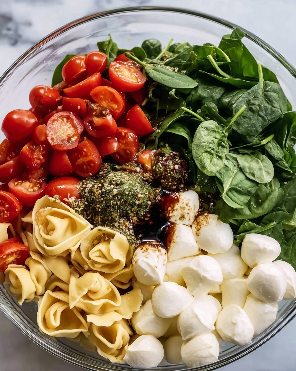 A clear glass bowl holds a layered mix of fresh and colorful ingredients arranged side by side. On one side, there are bright red cherry tomatoes, some whole and some sliced in half, showing their juicy interior. Next to the tomatoes is a pile of fresh dark green spinach leaves with a slightly crinkled texture. Nearby, there are small white mozzarella balls, smooth and round in shape, occupying a large area of the bowl. Below the mozzarella, some light yellow tortellini pasta with a soft and folded shape is placed. In the center, a mix of minced garlic, dried herbs with green and brown specks, and dark brown balsamic vinegar sits, adding contrast and texture to the fresh ingredients. The bowl is on a white marbled surface. photo taken with an iphone --ar 4:5 --v 7
