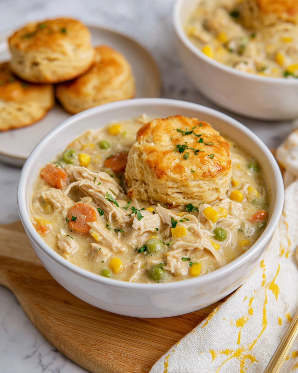 A close-up view of a wooden spoon lifting creamy chicken and vegetable stew from a large white bowl, showing layers of soft shredded chicken mixed with small, diced orange carrots, yellow corn kernels, green beans, and bits of parsley in a thick, smooth beige sauce with visible black pepper specks. The background and surface have a white marbled texture. Photo taken with an iphone --ar 4:5 --v 7