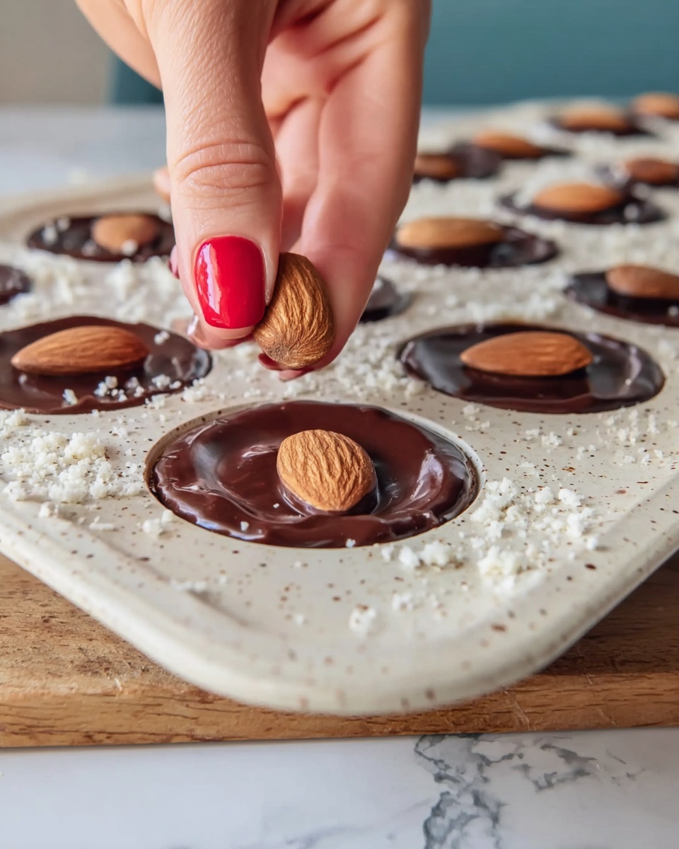 A woman's hand with red nail polish places a whole almond on top of a smooth, dark brown chocolate layer filling circular molds in a white, speckled baking tray. Each mold has one almond centered on the shiny chocolate surface. Around some edges of the tray, there are small white crumbles scattered. The tray sits on a light wooden surface with a white marbled background. photo taken with an iphone --ar 4:5 --v 7