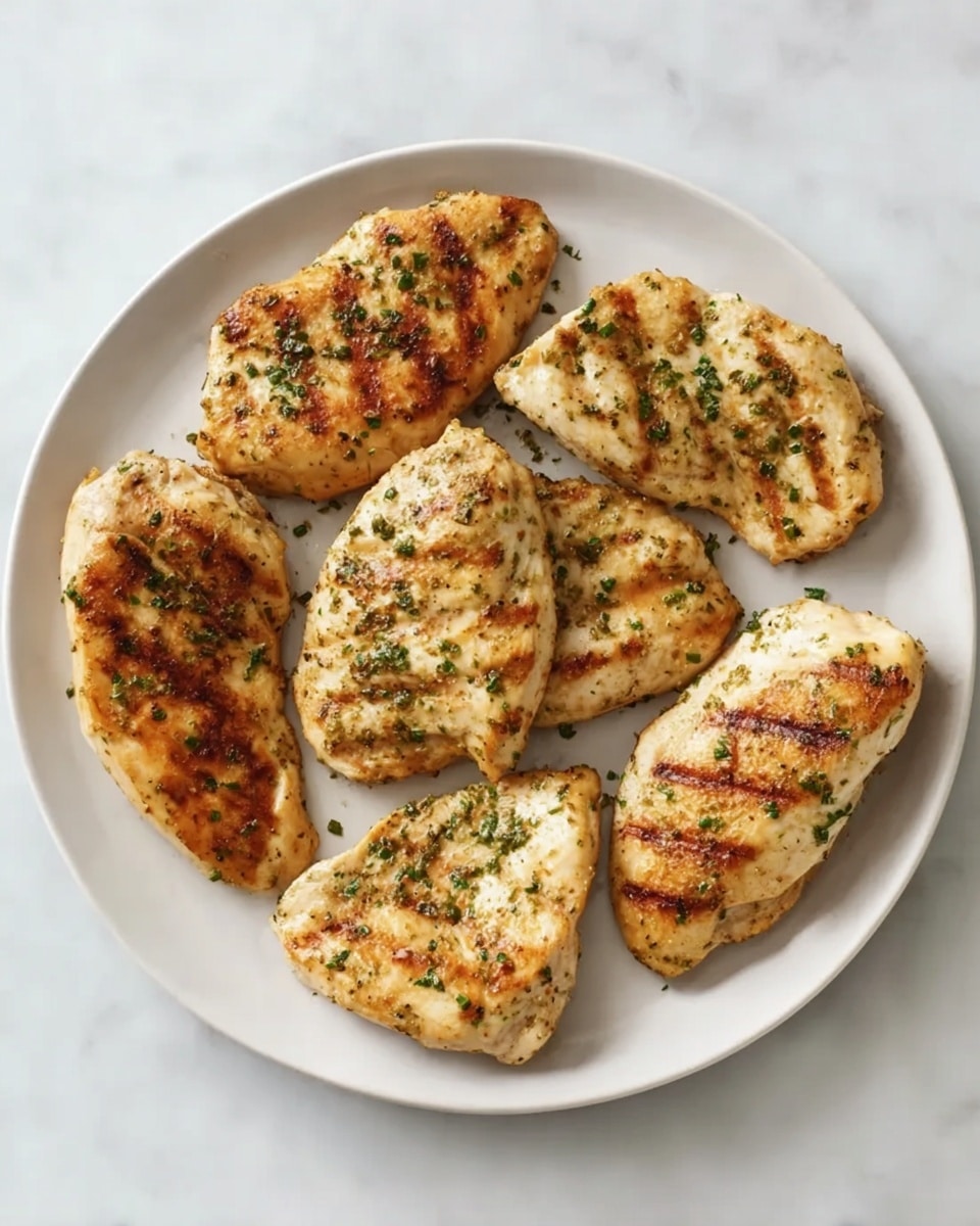 A white plate holds seven pieces of cooked chicken placed in a circular arrangement. Each piece has a golden-brown color with visible grill marks and small green herb specks sprinkled all over. The chicken pieces vary in size and shape, showing a slightly crispy texture on the surface. The plate sits on a white marbled surface. Photo taken with an iphone --ar 4:5 --v 7