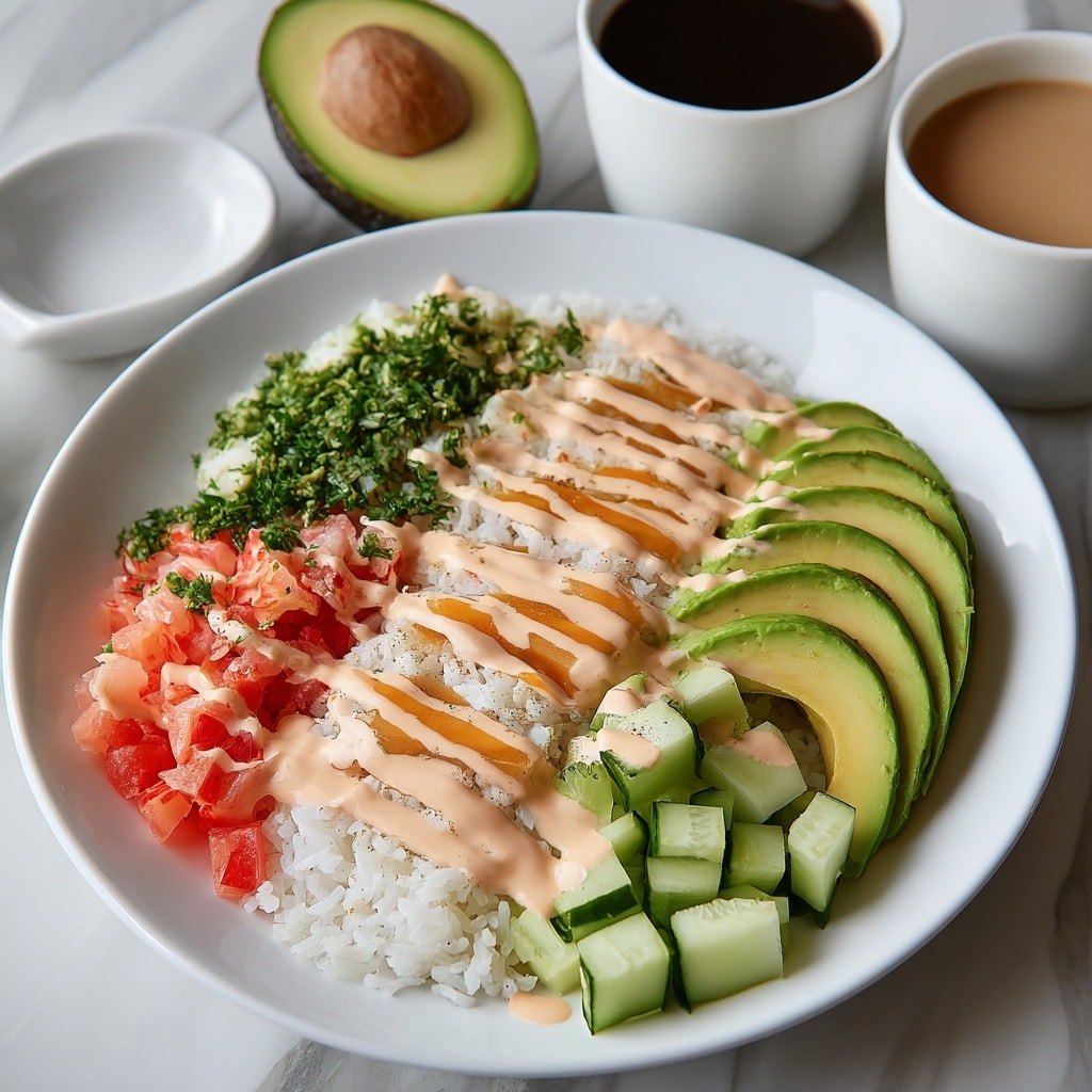 A white plate holds a layered dish starting with a base of white rice topped with finely chopped pink and white imitation crab meat on the left, and a pile of chopped green herbs on the right. Below the crab meat are diced light green cucumber cubes, and to the right of the cucumber are several sliced avocado pieces fanned out, all drizzled with a light pink creamy sauce. There is a sprinkling of brown crunchy bits scattered across the top. Next to the plate, there is a white ramekin filled with the same pink creamy sauce and another white ramekin filled with a black liquid, plus a halved avocado with the seed inside resting on a white marbled surface. A pair of wooden chopsticks lies next to the plate. Photo taken with an iphone --ar 4:5 --v 7