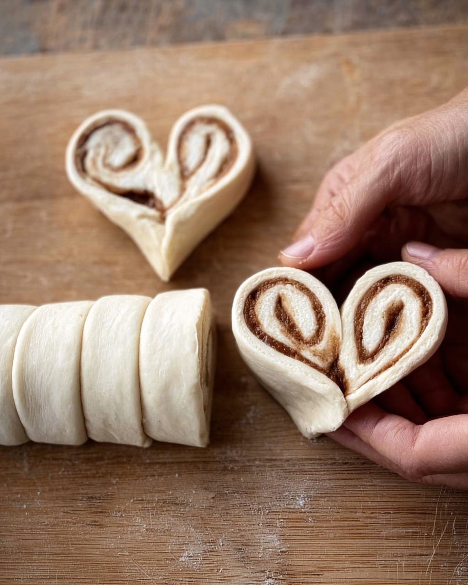 The image shows a wooden surface with rolled dough slices lined up on the left side, each slice revealing a spiral pattern of a brown filling inside. In the center, a woman's hands shape two dough rolls into a heart by pressing them together, emphasizing the layered spirals of the filling. One completed heart shape sits above her hands, displaying the same spiral pattern and curved edges. The dough is pale off-white with a smooth texture, and the brown filling appears soft and evenly spread inside each roll. photo taken with an iphone --ar 4:5 --v 7