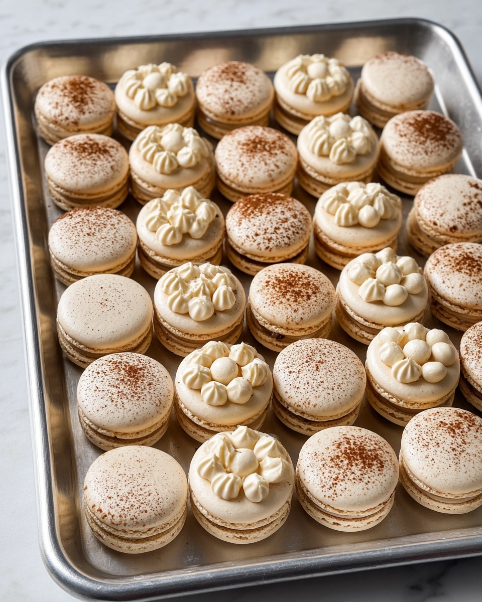 A metal tray filled with rows of light beige macarons, each macaron made of two round shells with a smooth top layer that has a slight sheen and some sprinkled cocoa powder on half of the shells. The filling between the shells varies: some have smooth dollops of cream in the center, while others have multiple small, round cream blobs arranged like a flower on the bottom shell. The tray sits on a white marbled surface, and the macarons are evenly spaced in a grid pattern. photo taken with an iphone --ar 4:5 --v 7