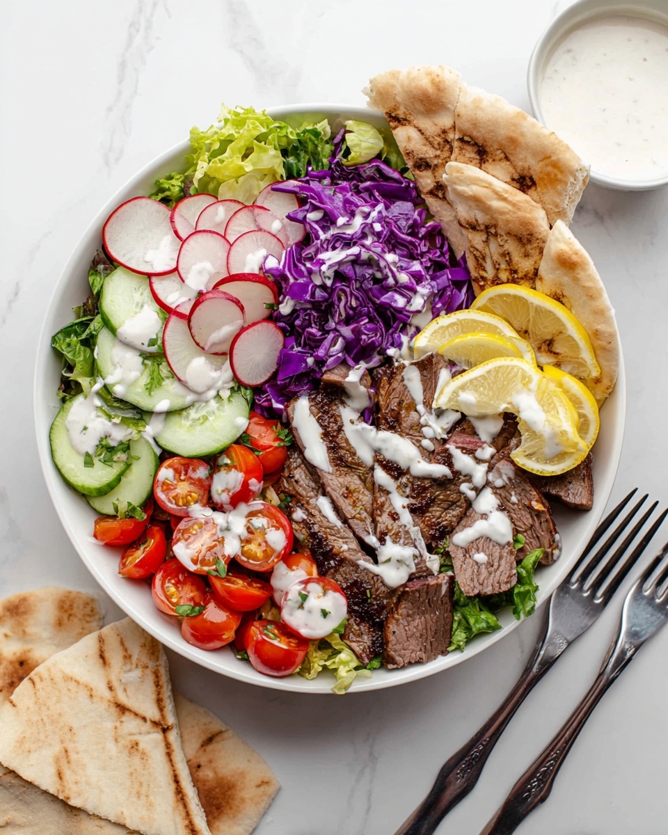 The image shows a white bowl filled with a colorful layered salad. Starting from the top left, there are green lettuce leaves and pieces of pita bread resting against the bowl's edge. Moving clockwise, there are thin slices of purple cabbage, red radish slices, and cherry tomatoes. Below them are brown slices of meat drizzled with white sauce and garnished with lemon wedges. To the left, there are cucumber slices mixed with more cherry tomatoes, all lightly coated with white sauce. Around the bowl, there are pieces of white pita bread and a small white bowl filled with white liquid, likely a sauce or dressing, all placed on a white marbled surface. Two metal forks lie next to the bowl. Photo taken with an iphone --ar 4:5 --v 7