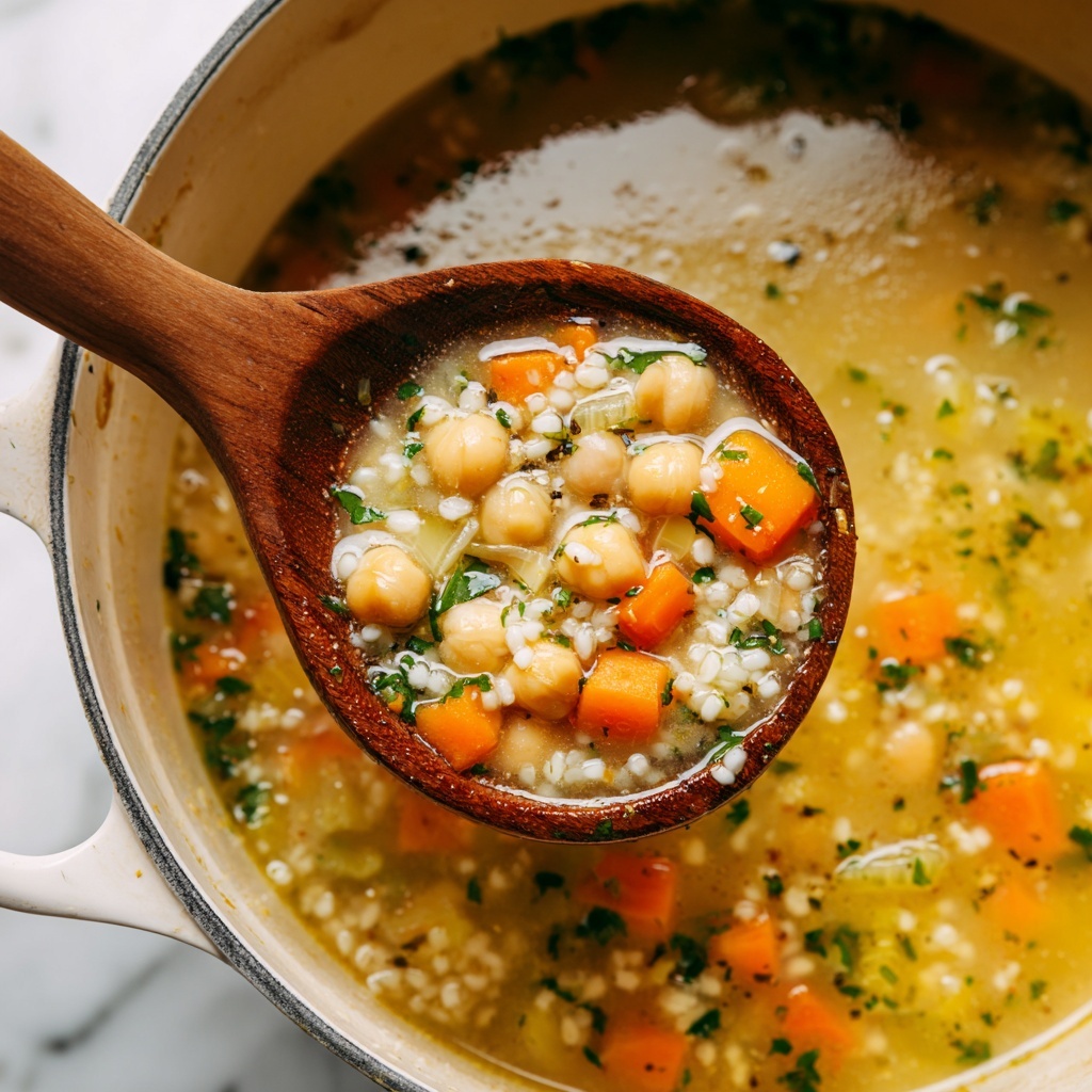 The image shows a close-up of a wooden spoon lifting a scoop of clear yellow broth soup filled with soft chickpeas, small orange carrot cubes, white grains like rice or barley, and green herbs. The soup is inside a white pot, sitting on a white marbled surface. The broth has a fresh, lightly oily shine on top, and the herbs are sprinkled throughout giving a speckled green detail. Part of a woman's hand is visible holding the wooden spoon. Photo taken with an iphone --ar 4:5 --v 7