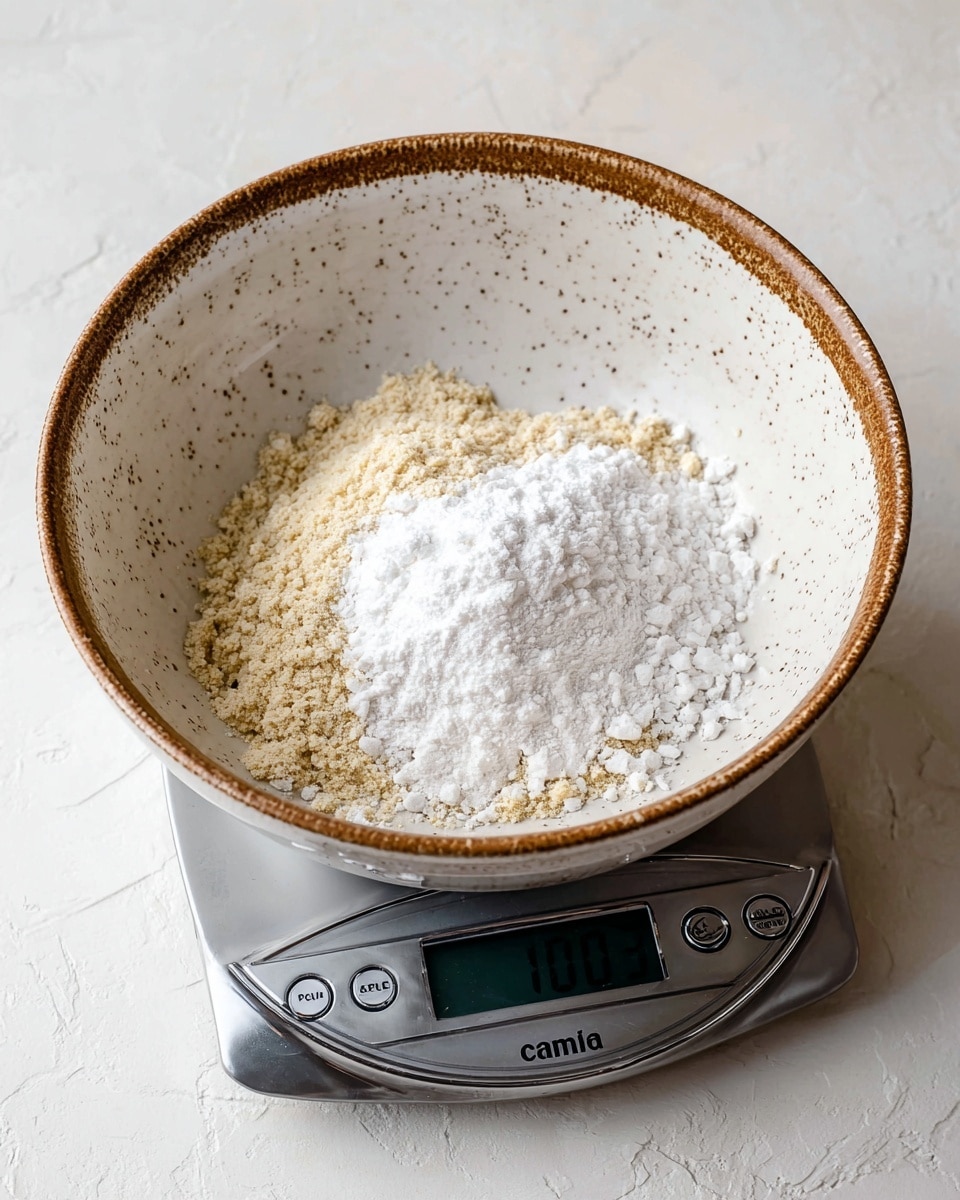 A speckled white ceramic bowl with a brown rim sits on a digital scale on a white marbled surface, filled with three layers of dry ingredients: a light beige crumbly base layer, a medium beige powdery layer on the right side, and a bright white fluffy powder piled in the center. The digital scale beneath the bowl has a shiny silver surface with black buttons and a small screen. photo taken with an iphone --ar 4:5 --v 7