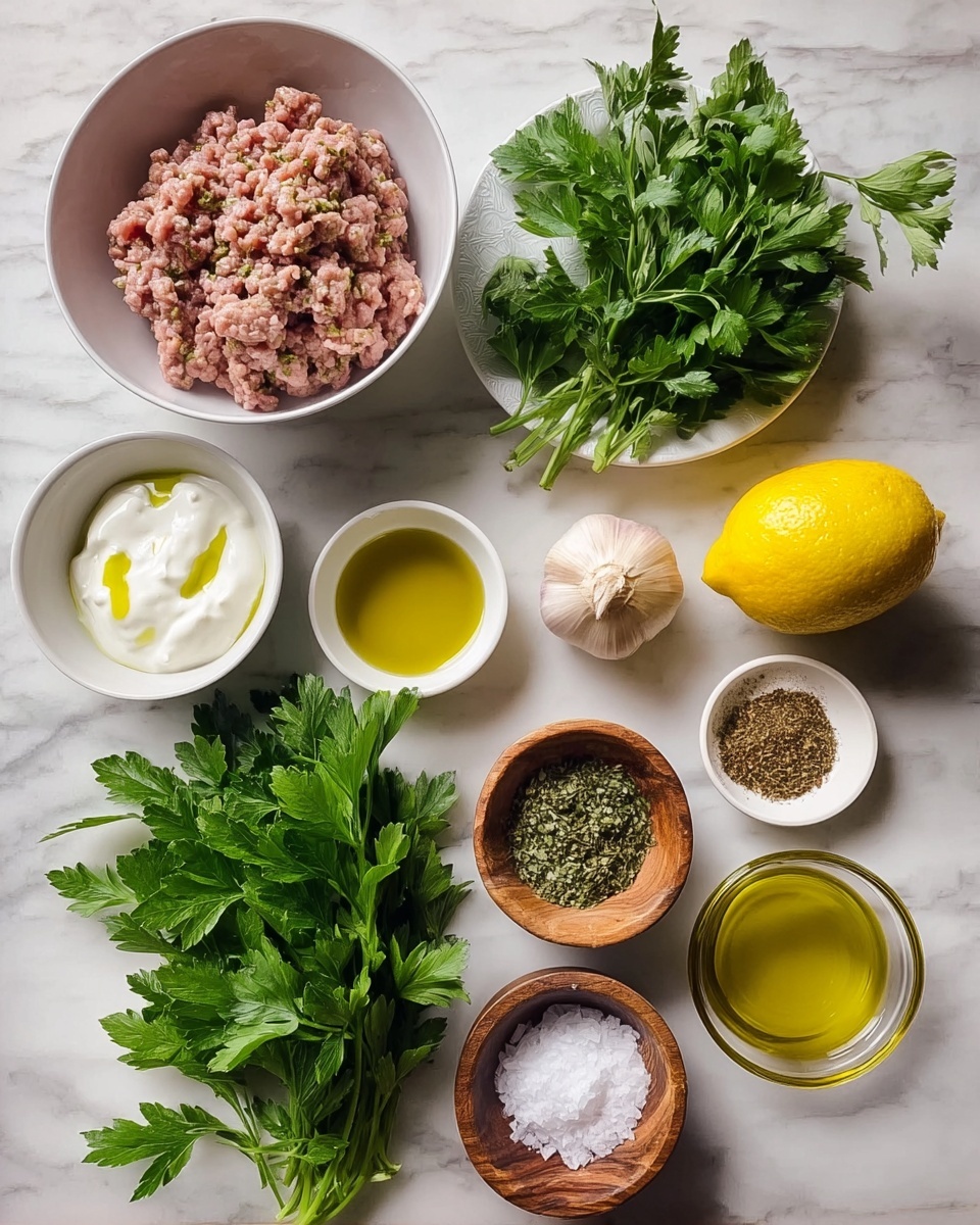 The image shows various fresh cooking ingredients neatly placed on a white marbled texture. On the top left, there is a white bowl filled with cooked ground meat that has some seasoning. To its right, a small white plate holds a bunch of bright green parsley leaves. A whole yellow lemon, a garlic bulb with cloves, and a small onion sit together nearby. Below these, a small white bowl contains thick white yogurt. On the lower left, a white bowl holds golden olive oil with some herbs floating on top. In the center, there is a fresh bunch of parsley with vibrant green leaves and stems. Next to it, a small wooden bowl holds green and brown mixed spices. On the bottom right, a clear glass bowl contains more olive oil, and a tiny white bowl is filled with coarse salt. The whole setup is visually clean and fresh, arranged on a white marbled surface, photo taken with an iphone --ar 4:5 --v 7
