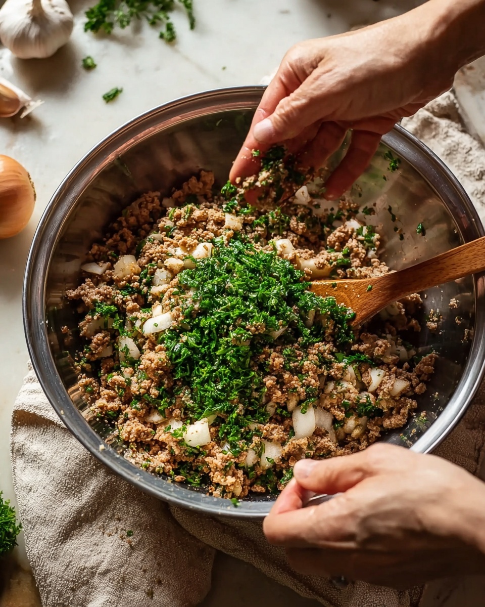 A close-up image shows two woman's hands working with a mixture in a large silver metal bowl. The mixture has three visible layers: the main base layer is light brown crumbly ground meat mixed with small soft off-white pieces of onion, scattered across the bowl; the top layer is fresh bright green chopped parsley spread evenly over the meat; the texture looks coarse and moist. One woman's hand is sprinkling more ingredients over the mixture while the other woman's hand holds a wooden spoon inside the bowl. The bowl sits on a beige cloth on a white marbled surface. Some blurred garlic bulbs and an onion are visible in the background. Photo taken with an iphone --ar 4:5 --v 7