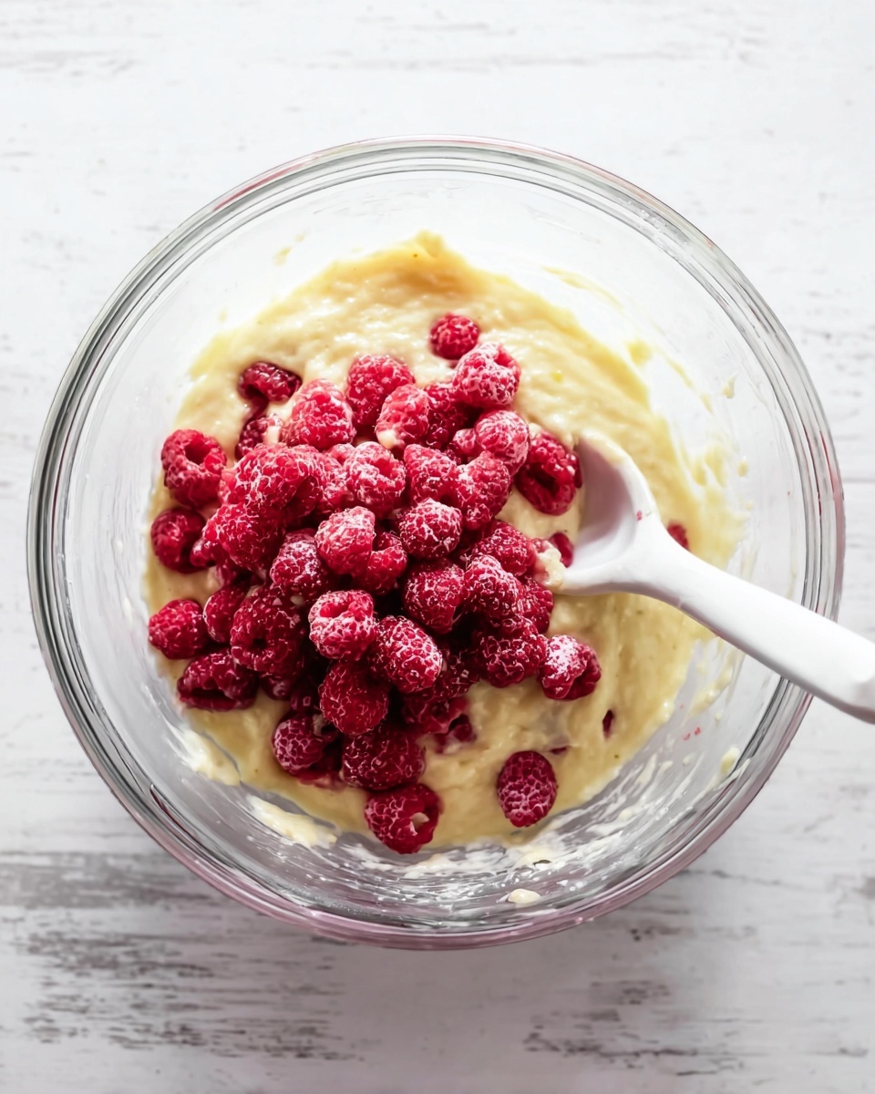 A clear glass mixing bowl sits on a white marbled surface, filled with a pale yellow, thick batter that looks creamy and smooth. On top of the batter, there is a heap of fresh red raspberries, some whole and some slightly crushed, adding a bright pop of color. A white spoon with a long handle is placed inside the bowl, leaning against the side, ready to mix the berries and batter together. The lighting is bright, highlighting the texture and freshness of the ingredients. Photo taken with an iphone --ar 4:5 --v 7