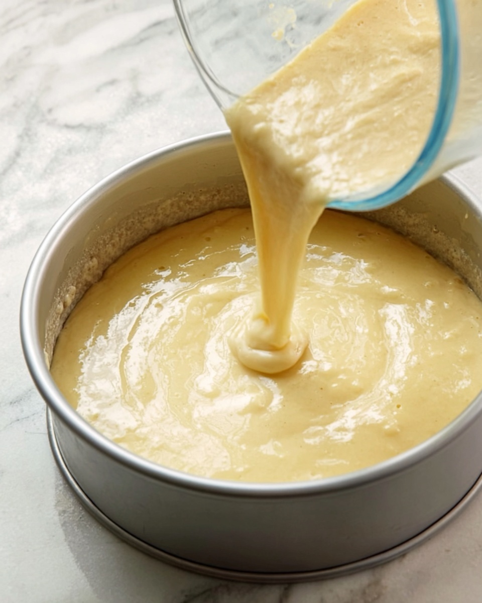 A round silver baking pan is shown on a white marbled surface, with smooth light yellow cake batter being poured from a clear glass measuring cup into the center of the pan. The batter is thick and has small bubbles on the surface as it flows in a thick stream, creating a slight swirl in the pan. The pan itself has a shiny interior and even edges. Photo taken with an iphone --ar 4:5 --v 7