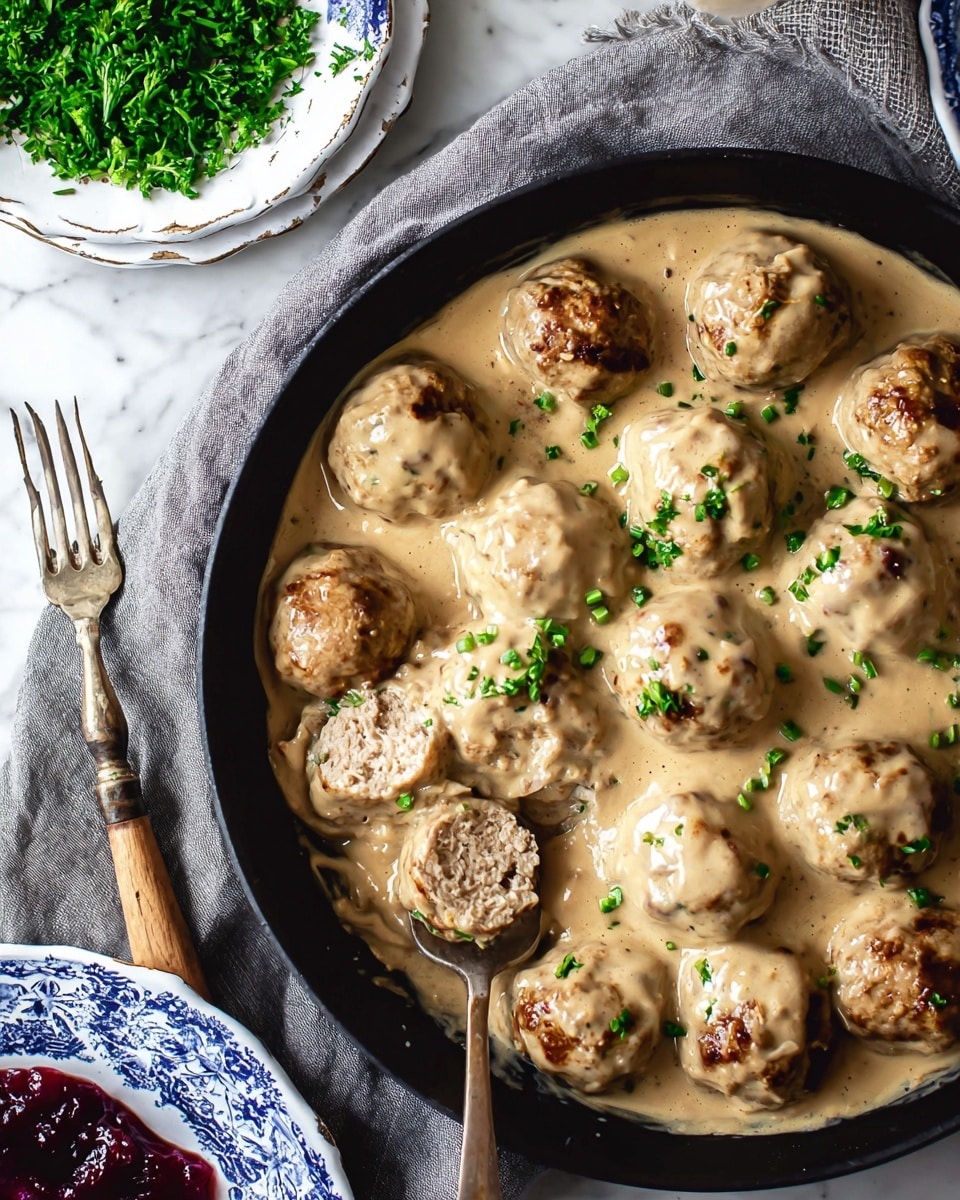 The image shows a black skillet filled with round meatballs covered in a thick, creamy beige sauce with small green herb pieces sprinkled on top. One meatball near the front is halved, revealing a soft, cooked interior of light brown color. The skillet rests on a grey cloth on a white marbled surface. To the upper left, there is a white plate with chopped green herbs, and in the lower left corner, part of a white plate with blue patterns holds a dark red sauce. A vintage fork with a wooden handle lies next to the skillet. photo taken with an iphone --ar 4:5 --v 7