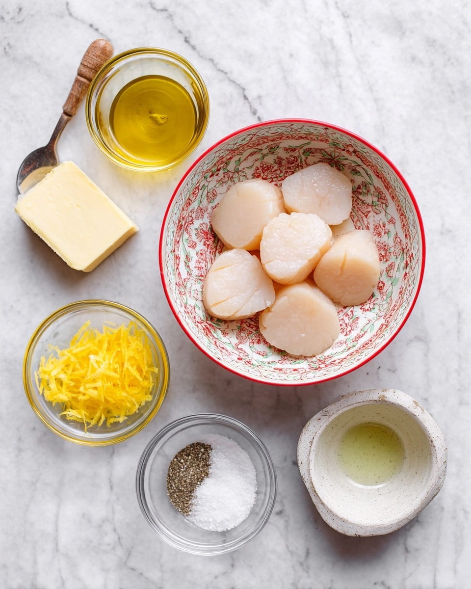 A white bowl with red rim and floral inner pattern holds six pieces of light beige, raw scallops arranged in two layers. Surrounding the bowl on a white marbled surface, starting from top left, is a small clear glass cup with yellow olive oil and a wooden handle, below it a small glass bowl with a light yellow stick of butter. To the right of the butter is another small glass bowl filled with bright yellow lemon zest. Above it, a small clear glass bowl contains white salt mixed with black pepper on one side, and to its right, a rough white ceramic small cup with light greenish oil inside. All ingredients are neatly spaced apart. photo taken with an iphone --ar 4:5 --v 7