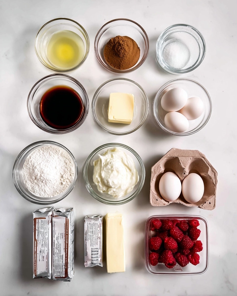 The image shows a white marbled surface with various ingredients in small clear glass bowls and containers arranged neatly. From top left to right, there is a small bowl with a light yellow liquid, a bowl with brown powder, and a bowl with melted butter. Below these, there is a bowl with a dark liquid, a bowl with whipped cream texture, and a small bowl with white powder. At the bottom left, there is a bowl filled with white granulated sugar. Next to it are two sticks of butter wrapped in silver foil. To the right, a clear glass holds three white eggs. Further right, there is a glass bowl with a clear liquid, and next to it, three individually wrapped light brown packets stacked together. The bottom right shows a clear plastic container with fresh red raspberries. The top-down shot is clean and bright with a focus on the textures and colors of the ingredients. photo taken with an iphone --ar 4:5 --v 7