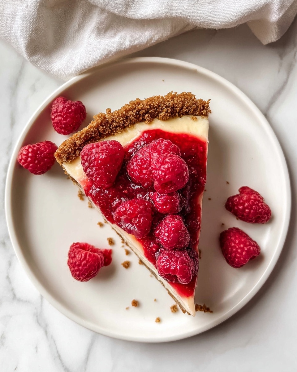 A single slice of cheesecake is placed on a white plate with a crumbly brown crust forming the outer edge. The cheesecake layer is creamy and off-white, topped with a glossy red raspberry sauce that covers most of the slice. Fresh whole raspberries, deep red and textured, are arranged in a line along the top edge of the slice and scattered around the plate. The plate rests on a white marbled surface with a light-colored cloth partially visible at the top, adding a soft background detail. photo taken with an iphone --ar 4:5 --v 7