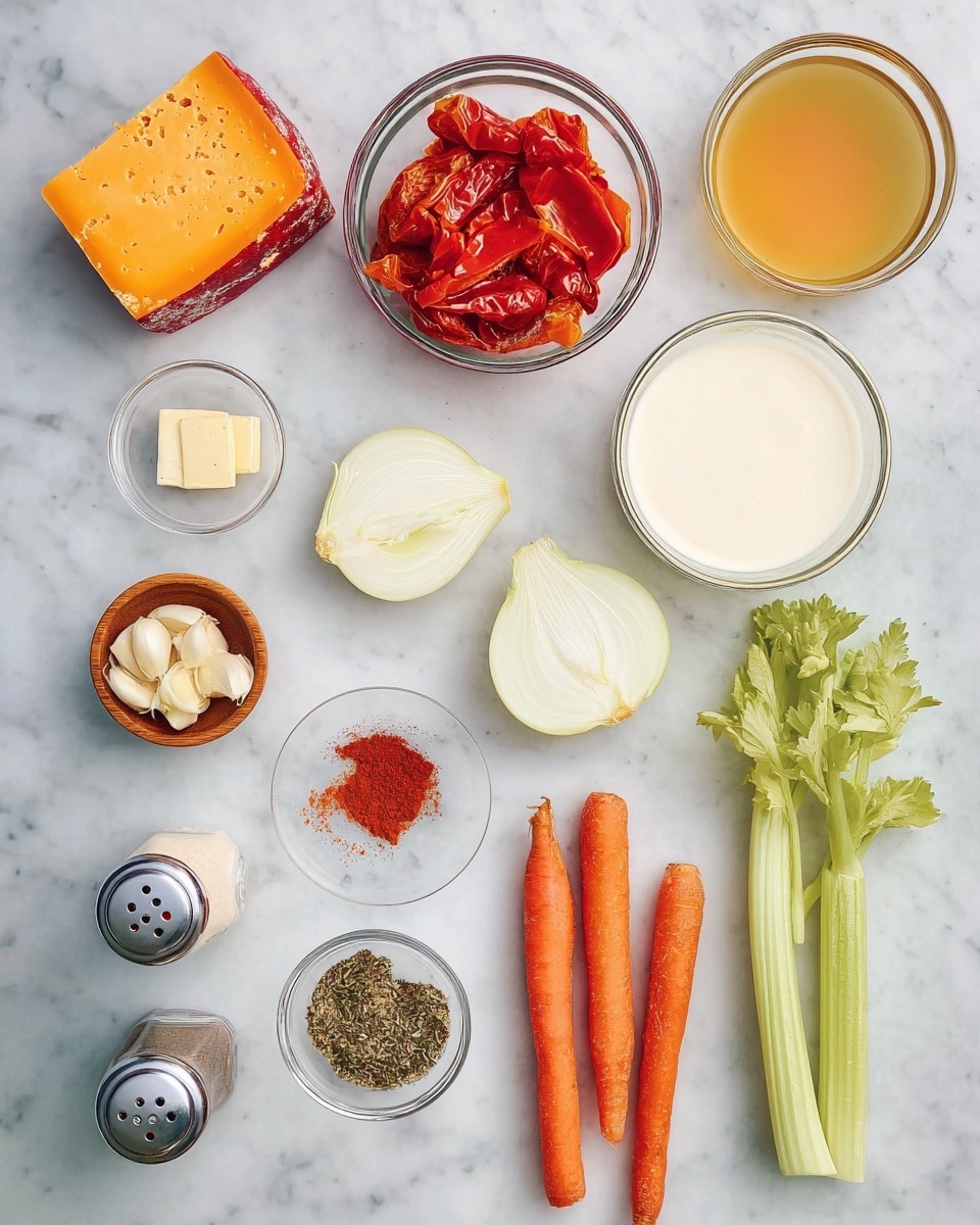 The image shows a flat lay of fresh ingredients arranged neatly on a white marbled surface. At the top left, a piece of orange cheese with a red rind sits beside a clear glass bowl filled with bright red roasted peppers. To the right, there are two clear glass bowls, one with white liquid cream and the other with a golden broth. Below these, a small pile of garlic cloves and two white onion halves rest side by side. Near the center, there is a tiny clear glass dish with a small pat of butter next to another small bowl containing sun-dried tomatoes. Below, three whole carrots lie side by side, and to the right of them, there are three stalks of fresh celery with leafy tops. A small wooden bowl holds ground spices including red paprika, dried oregano, and salt. At the bottom left corner, two metal salt and pepper shakers are visible. The colors are vibrant with a mix of orange, red, white, green, and light brown tones. Photo taken with an iphone --ar 4:5 --v 7