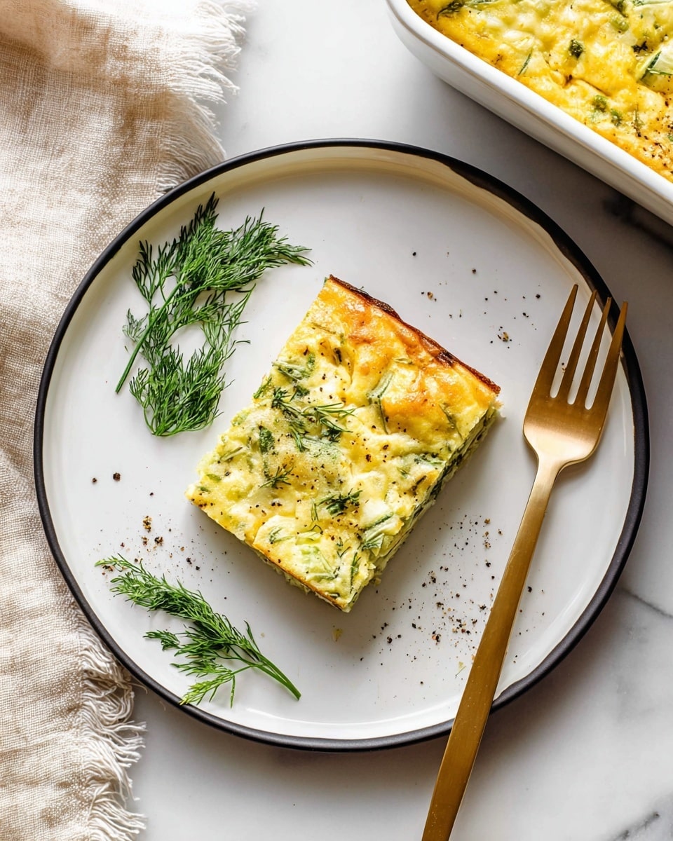 A single rectangular piece of a yellow and green vegetable egg bake sits near the center of a white plate with a thin black rim. The top layer is yellow with specks of green leafy vegetables visible through the soft, slightly browned crust. Sprinkles of black pepper are scattered on and around the piece. To the left of the slice, fresh green dill garnishes the plate. A gold fork rests on the right side, its handle extending toward the bottom edge of the plate. The plate is on a white marbled surface next to a beige cloth with frayed edges, and the upper left corner shows the edge of the larger white baking dish containing the rest of the egg bake. photo taken with an iphone --ar 4:5 --v 7