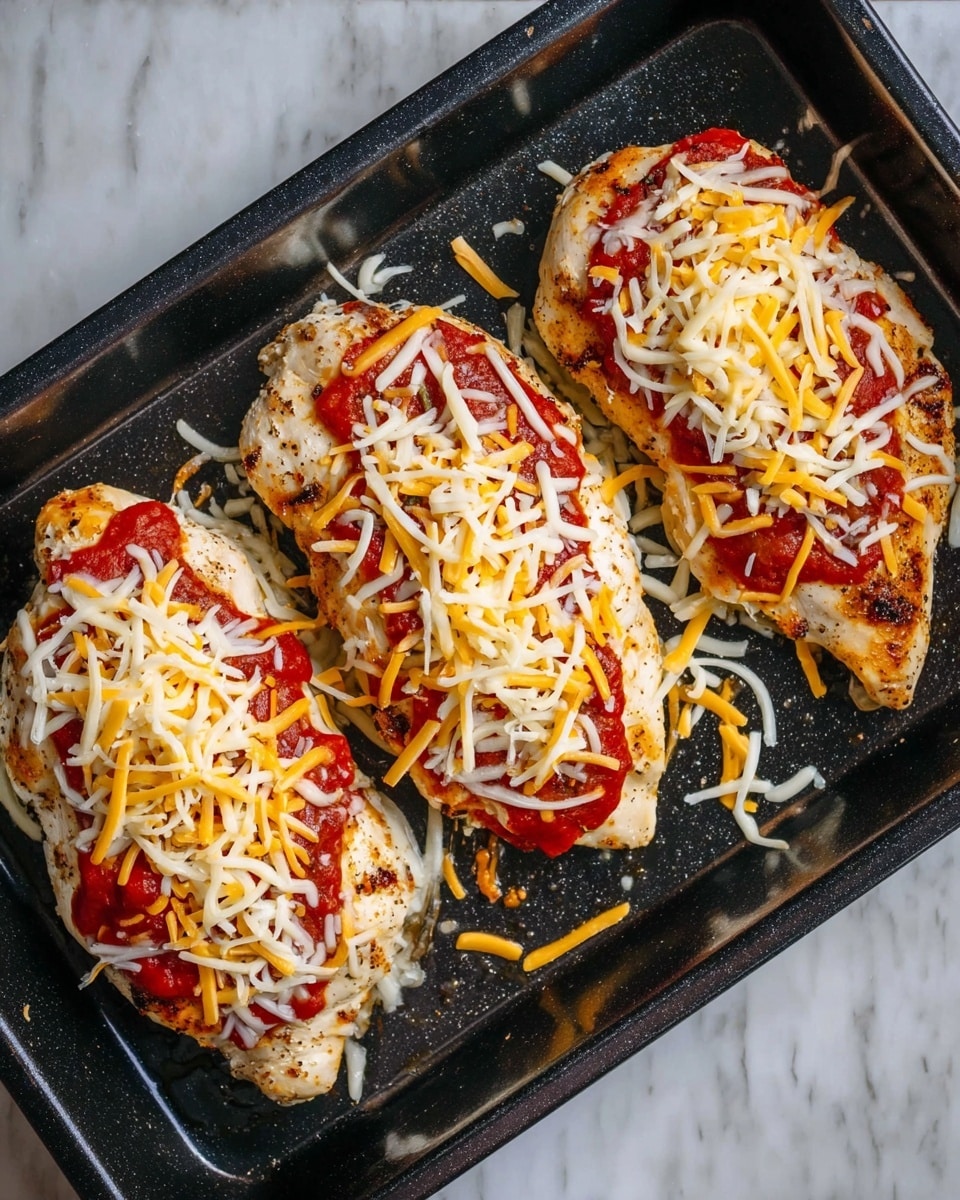 A black baking tray holds three cooked chicken pieces arranged in a row. Each piece has a base layer of light brown cooked chicken with some darker grilled spots. On top of the chicken, there is a thick, bright red tomato sauce layer spread evenly. The final layer consists of a mix of shredded yellow and white cheese scattered generously over each chicken piece. A few stray bits of cheese are scattered around the tray. The tray is placed on a white marbled surface. photo taken with an iphone --ar 4:5 --v 7